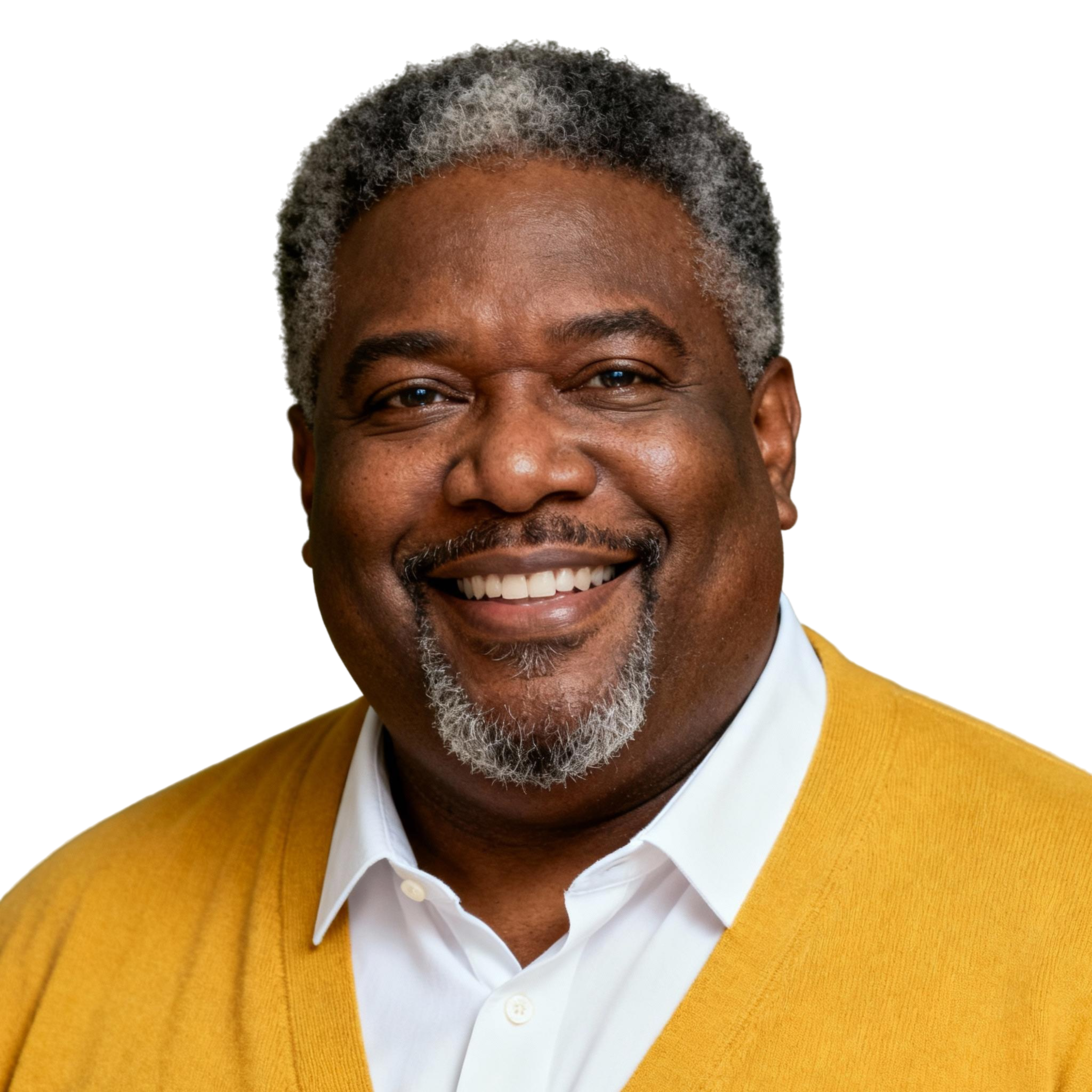 AI-generated portrait of a middle-aged man with short hair and a trimmed beard, wearing a cardigan over a collared shirt, smiling gently against a transparent background in soft light.