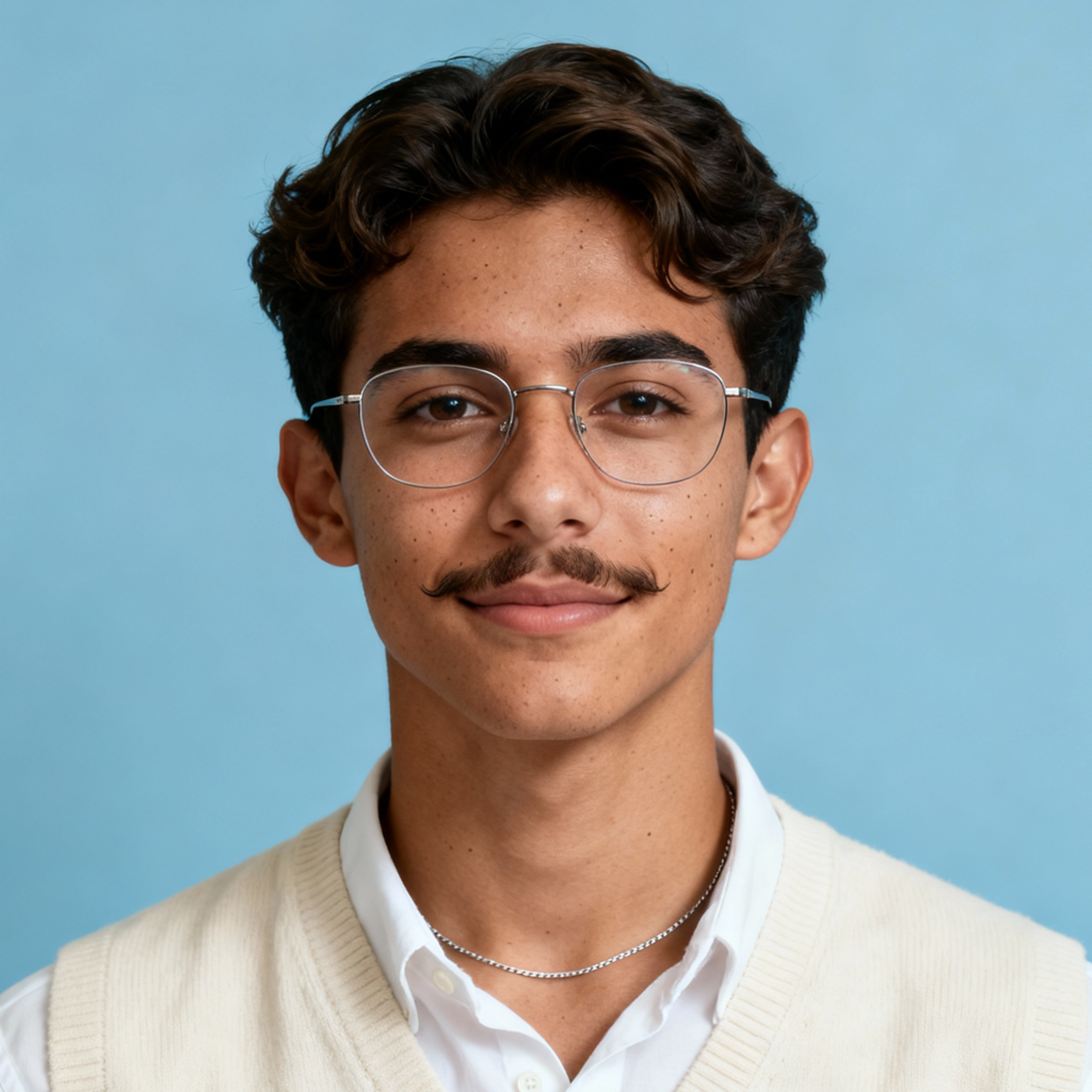 AI-generated portrait of a young man with short wavy hair, glasses, and a light mustache, wearing a sweater vest over a collared shirt, posed with a neutral expression against a soft blue background in studio light.