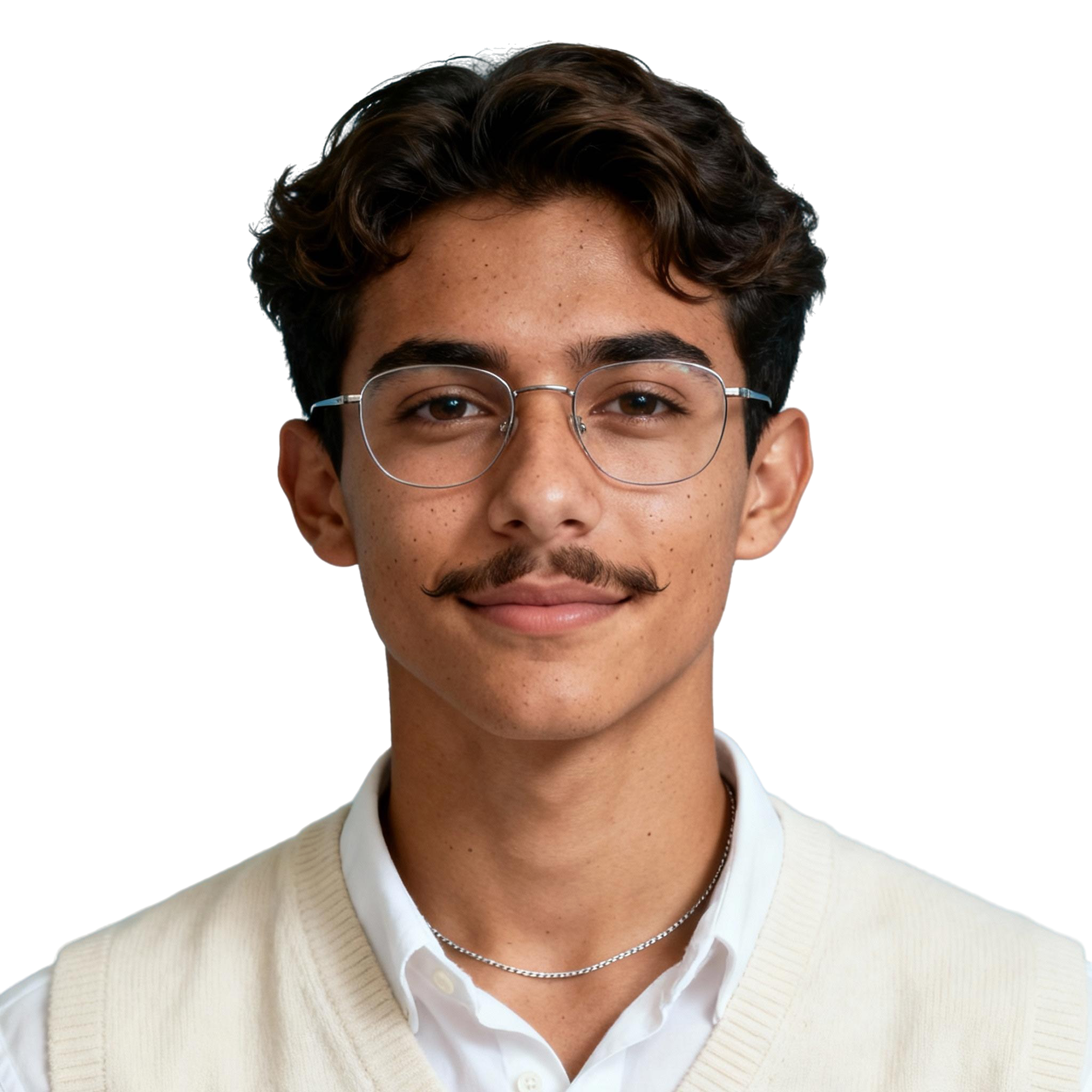 AI-generated portrait of a young man with short wavy hair, glasses, and a light mustache, wearing a sweater vest over a collared shirt, posed with a neutral expression against a transparent background in studio light.