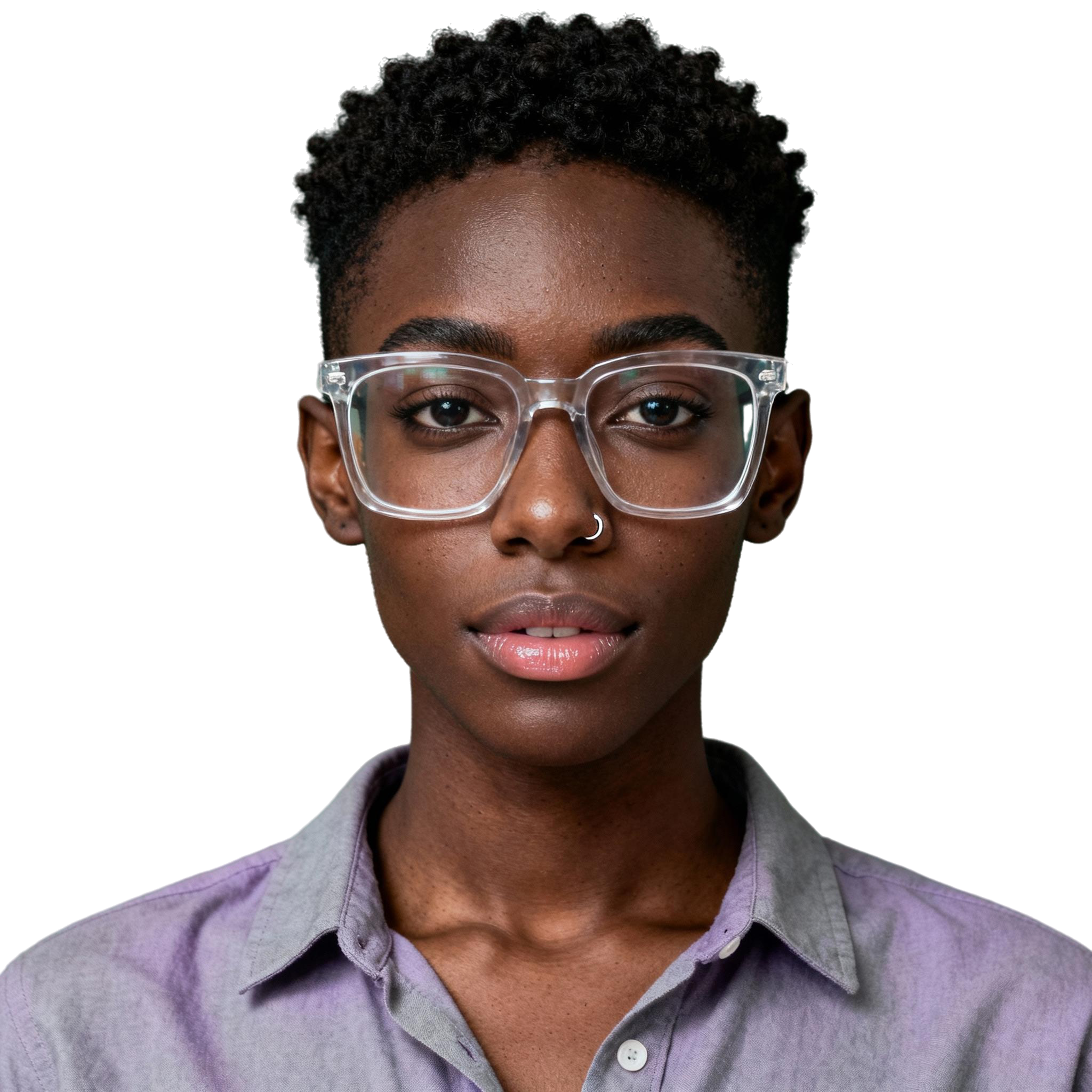 AI-generated portrait of a young woman with very short hair and glasses, wearing a button-up shirt, posed with a composed expression against a transparent background in soft light.