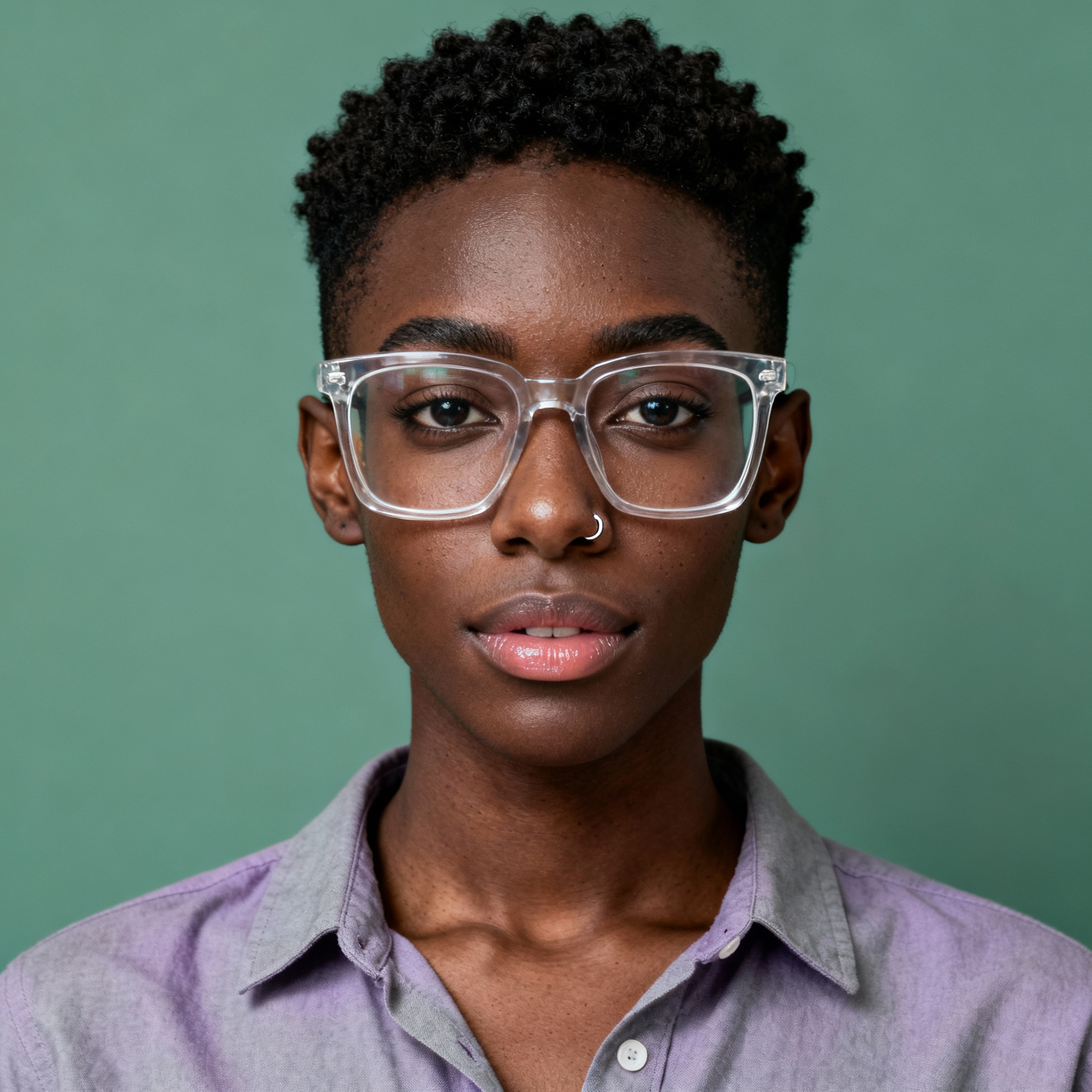 AI-generated portrait of a young woman with very short hair and glasses, wearing a button-up shirt, posed with a composed expression against a muted green background in soft light.