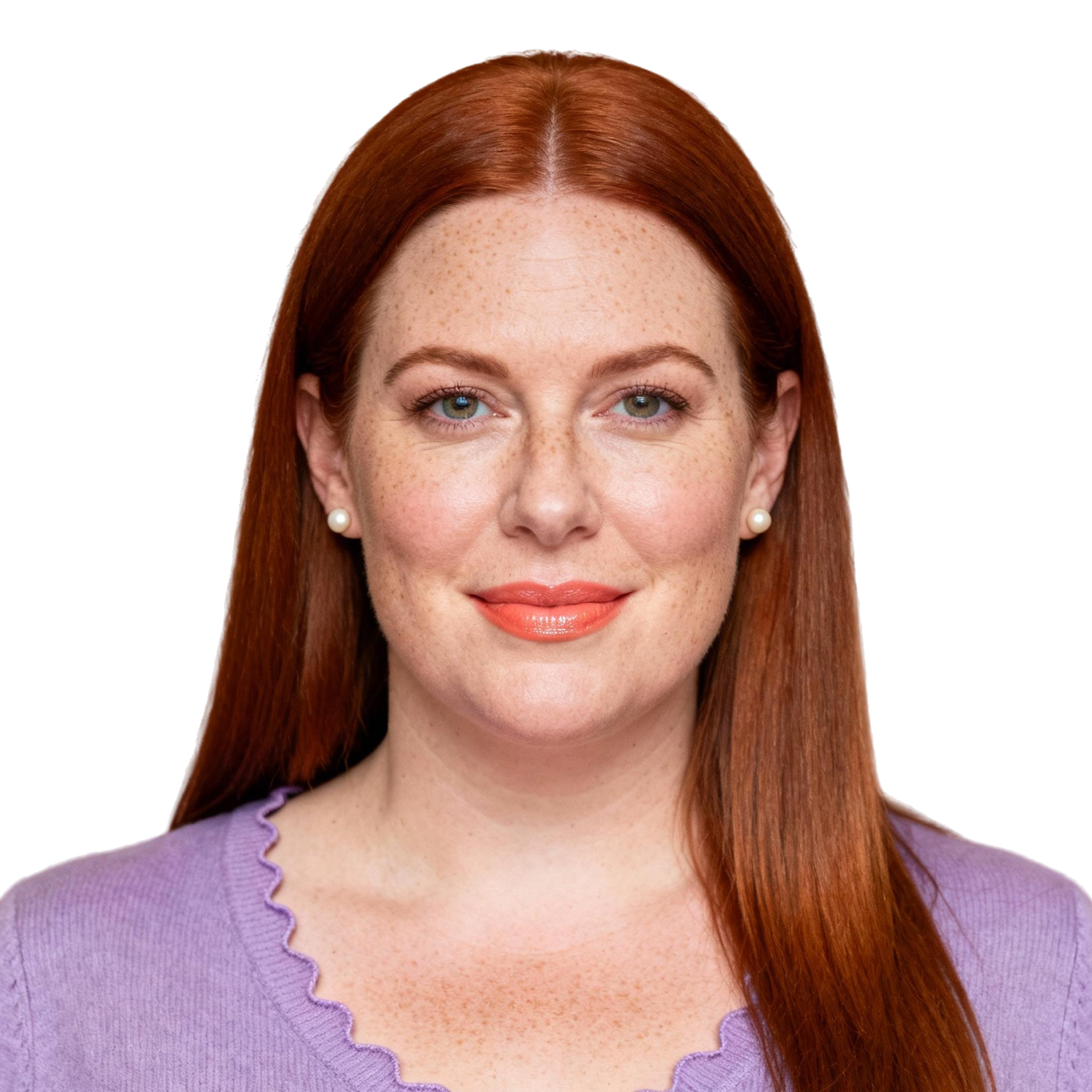 AI-generated portrait of a young woman with long straight hair and freckles, wearing a knit top, posed with a gentle expression against a transparent background in soft light.