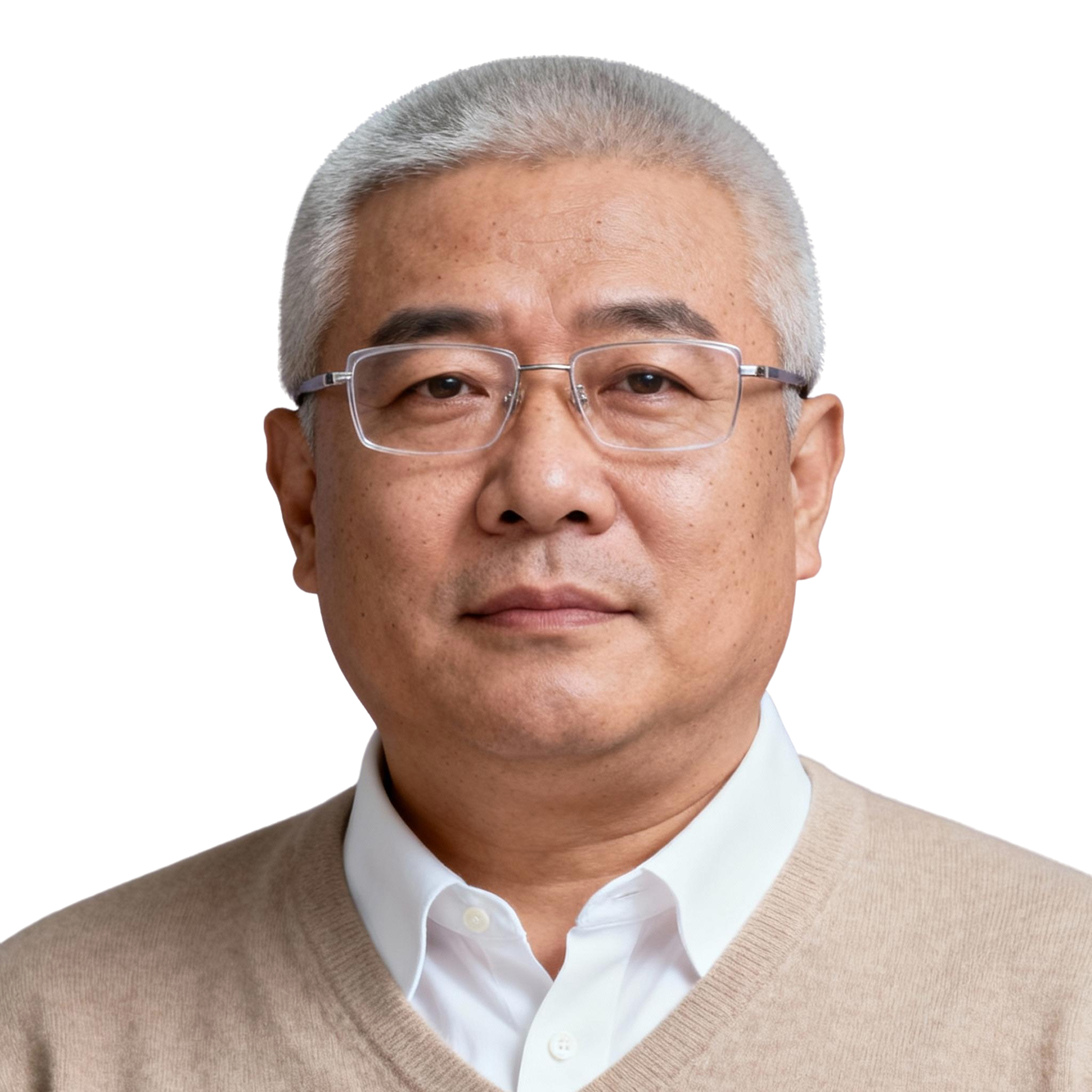 AI-generated portrait of a middle-aged man with short gray hair and glasses, wearing a sweater over a collared shirt, posed with a neutral expression against a transparent background in soft light.