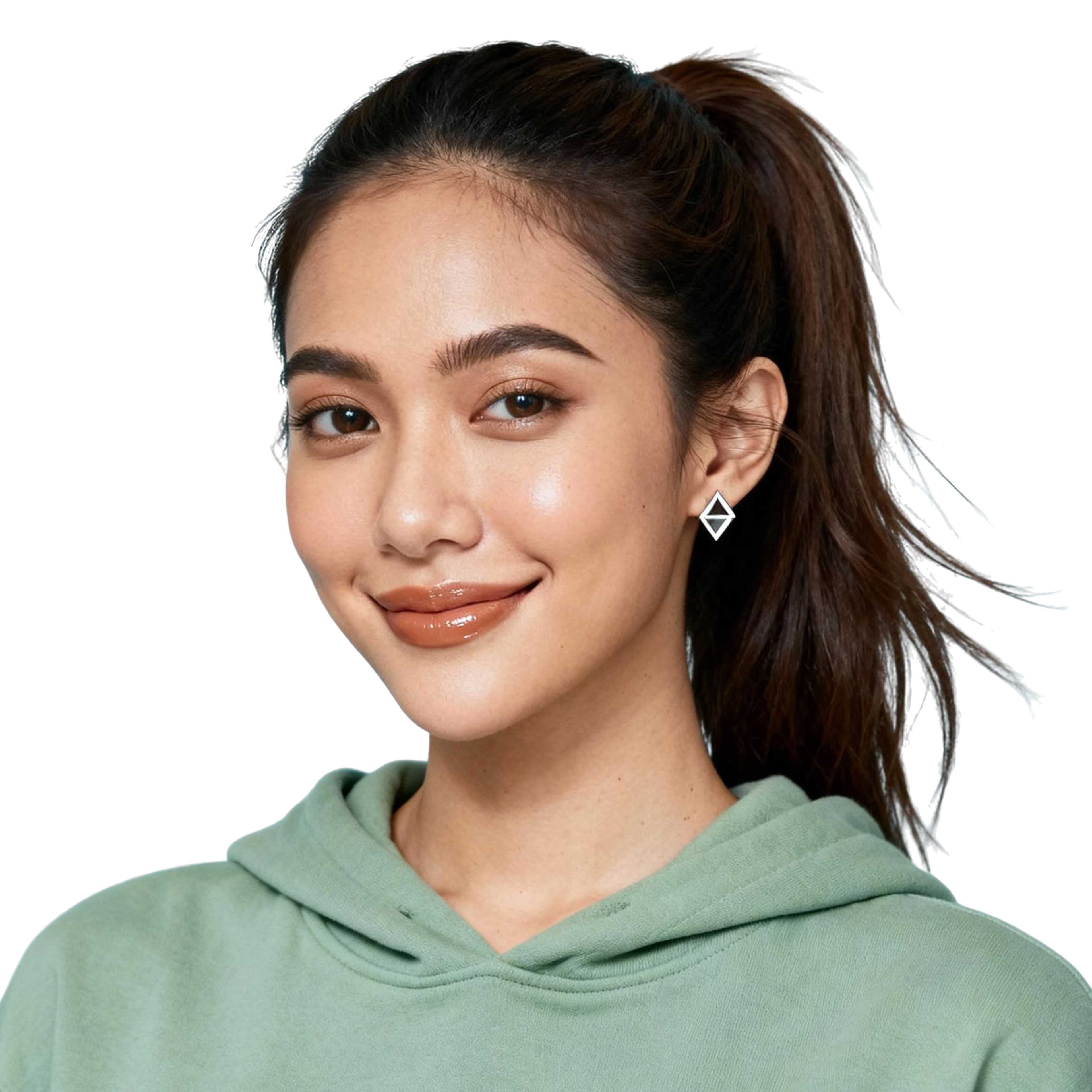 AI-generated portrait of a young woman with tied-back hair, wearing a casual hoodie, posed with a soft smile against a transparent background in studio light.