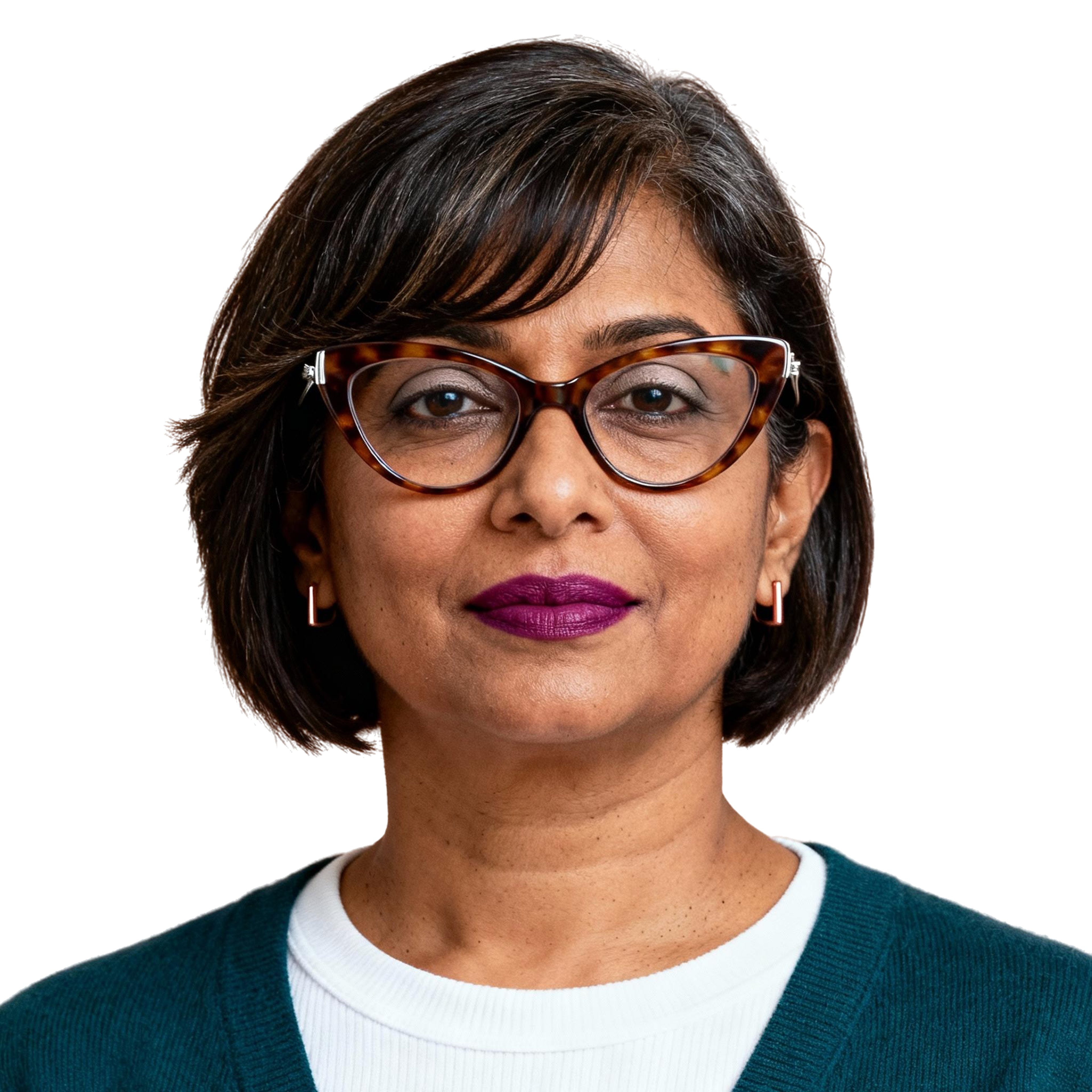 AI-generated portrait of a middle-aged woman with short straight hair and glasses, wearing a layered top and sweater, posed with a composed expression against a transparent background in soft light.