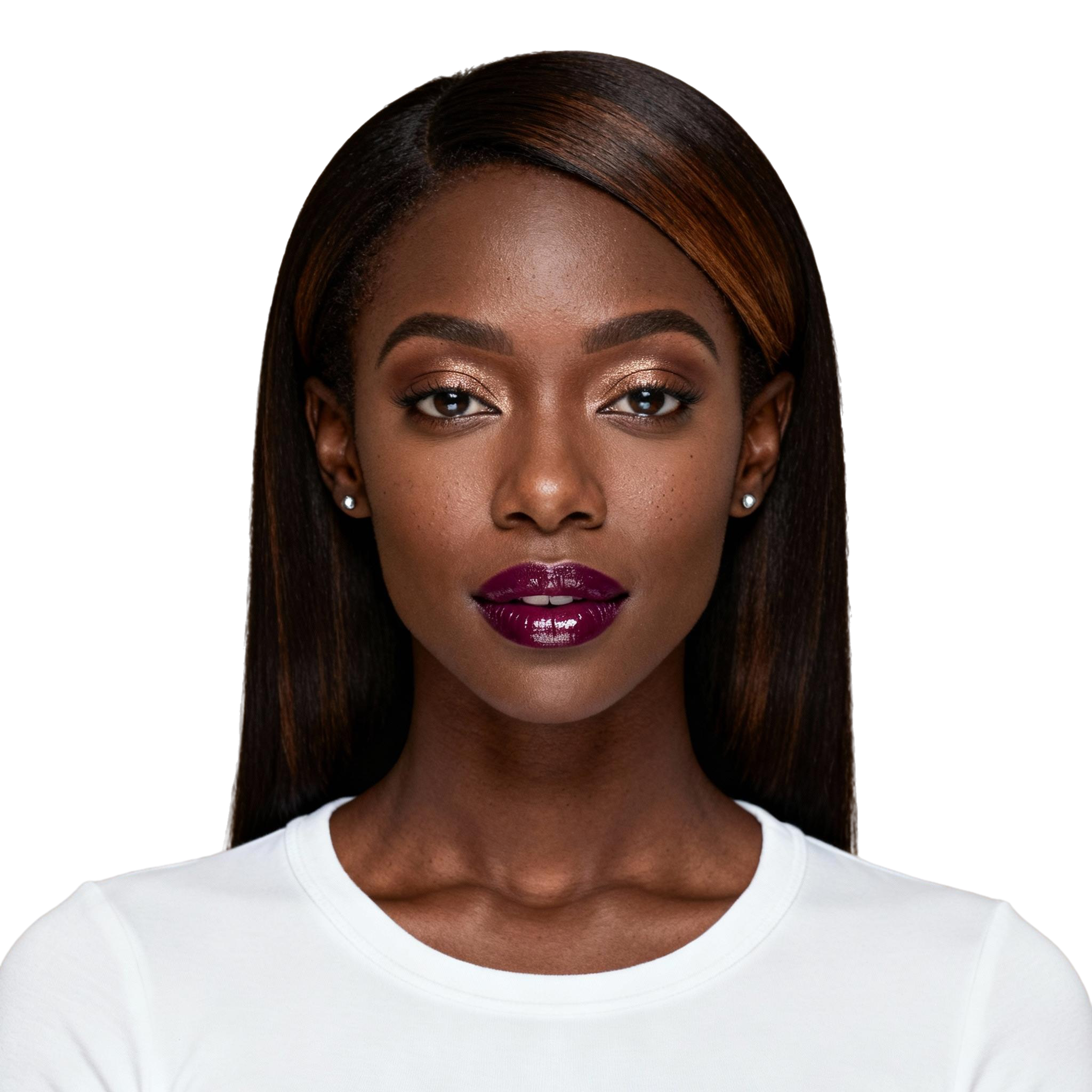 AI-generated portrait of a young woman with long straight hair, wearing a light crewneck top, posed with a neutral expression against a transparent background in soft light.