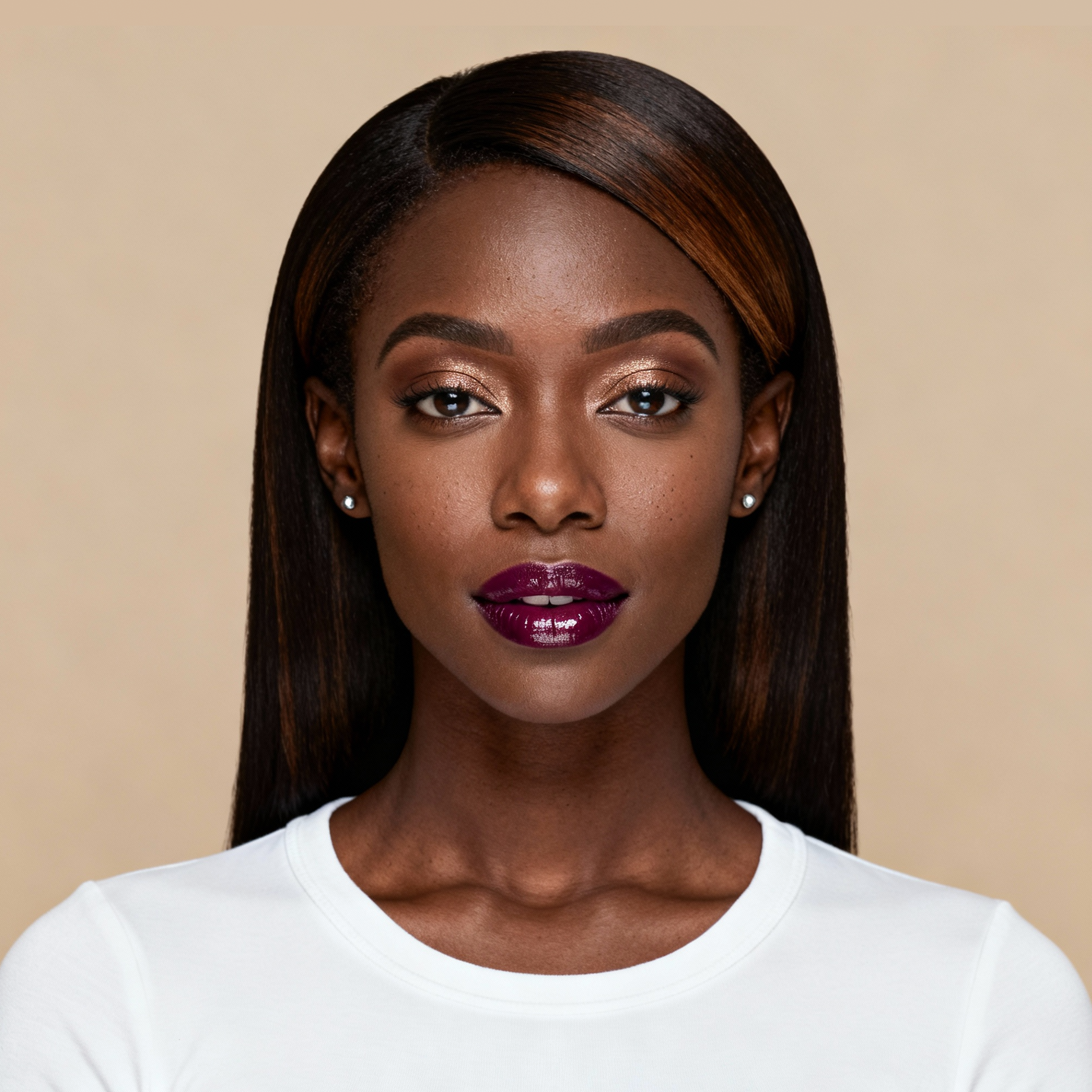 AI-generated portrait of a young woman with long straight hair, wearing a light crewneck top, posed with a neutral expression against a warm neutral background in soft light.