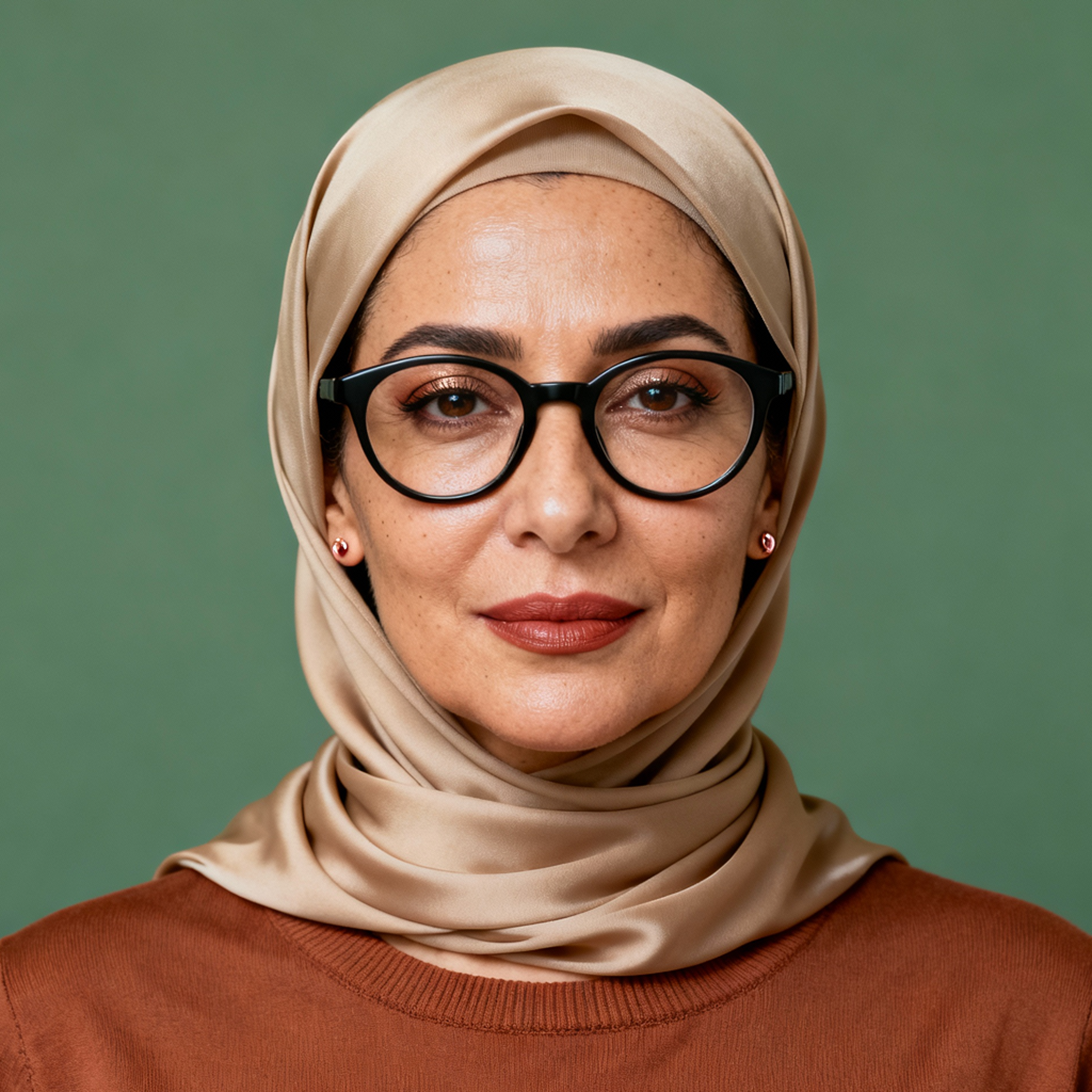 AI-generated portrait of a middle-aged woman wearing a headscarf and glasses, dressed in a knit top, posed with a calm expression against a muted green background in soft light.