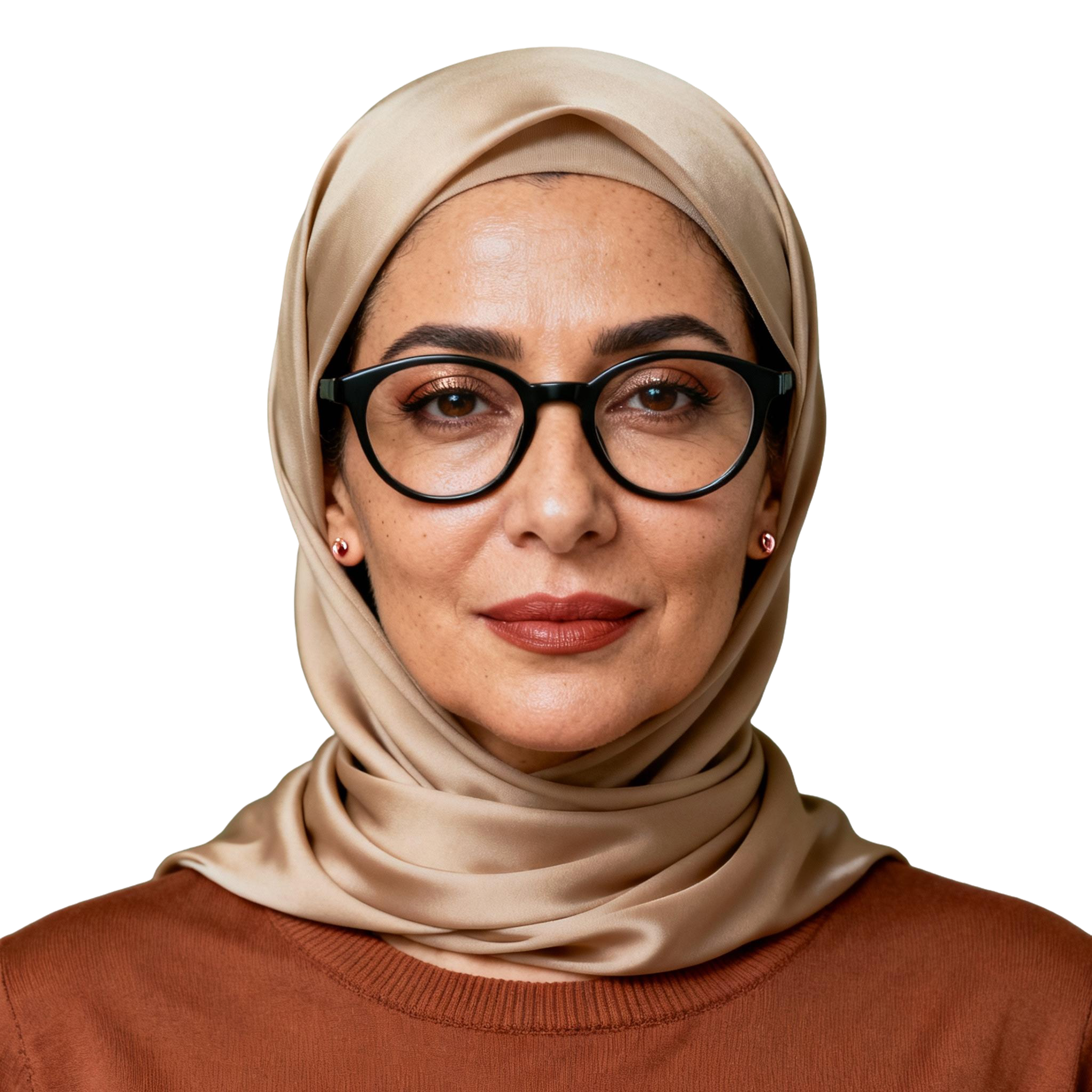 AI-generated portrait of a middle-aged woman wearing a headscarf and glasses, dressed in a knit top, posed with a calm expression against a transparent background in soft light.