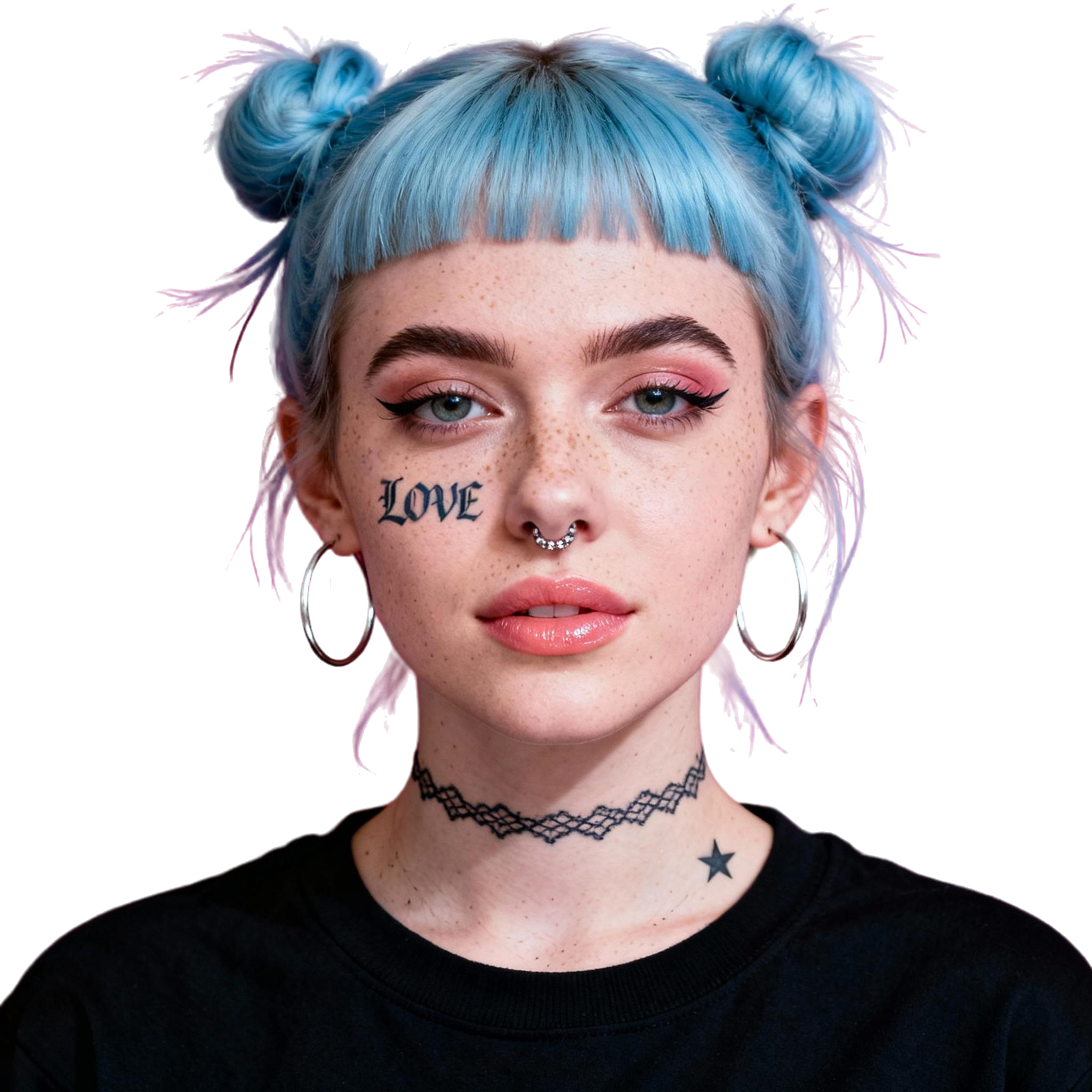 AI-generated portrait of a young woman with blue hair in space buns and facial tattoos, wearing a dark top, posed with a calm expression against a transparent background in studio lighting.