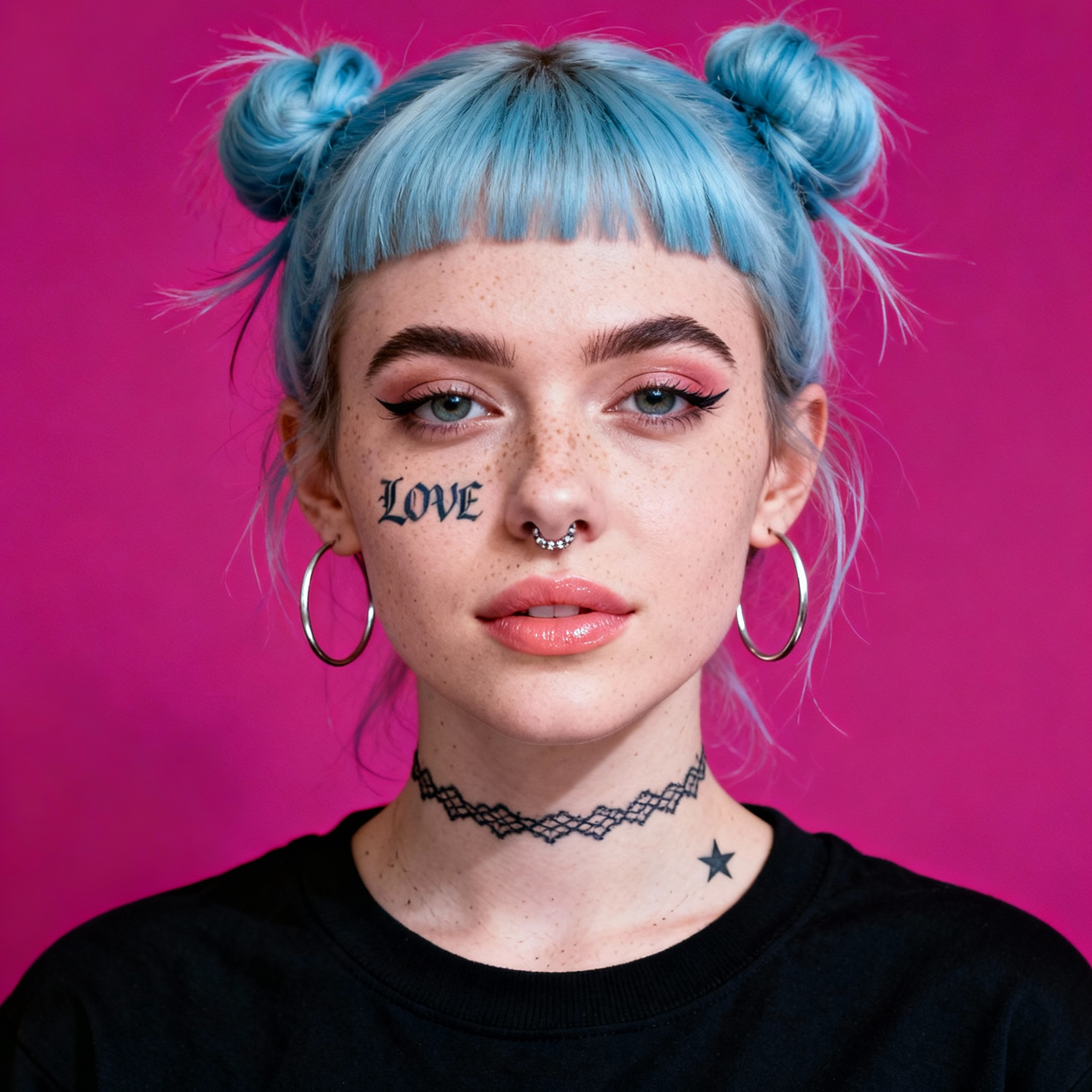 AI-generated portrait of a young woman with blue hair in space buns and facial tattoos, wearing a dark top, posed with a calm expression against a bright pink background in studio lighting.