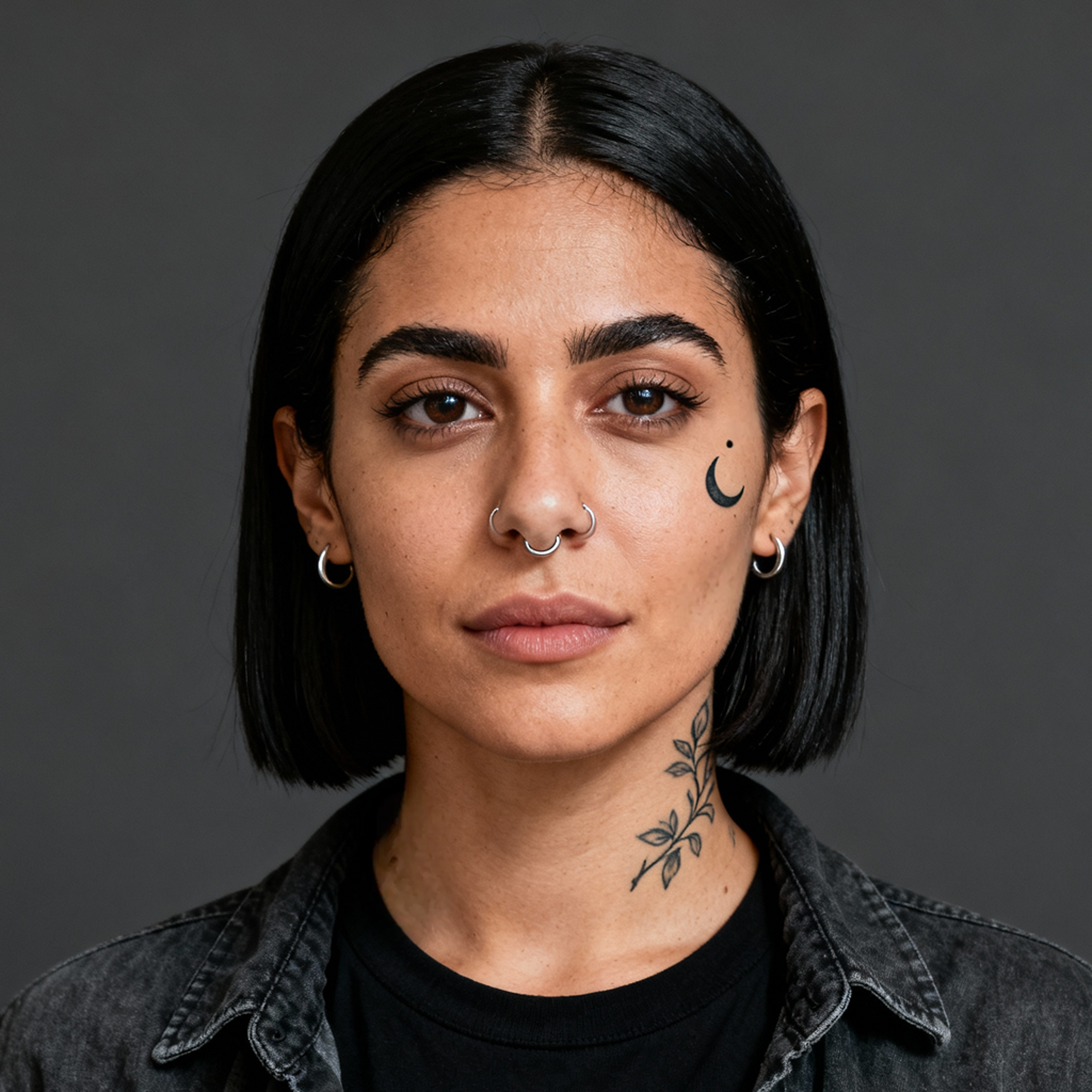 AI-generated portrait of a young woman with a straight bob haircut and facial piercings, wearing a dark jacket, posed with a neutral expression against a dark gray background in soft lighting.