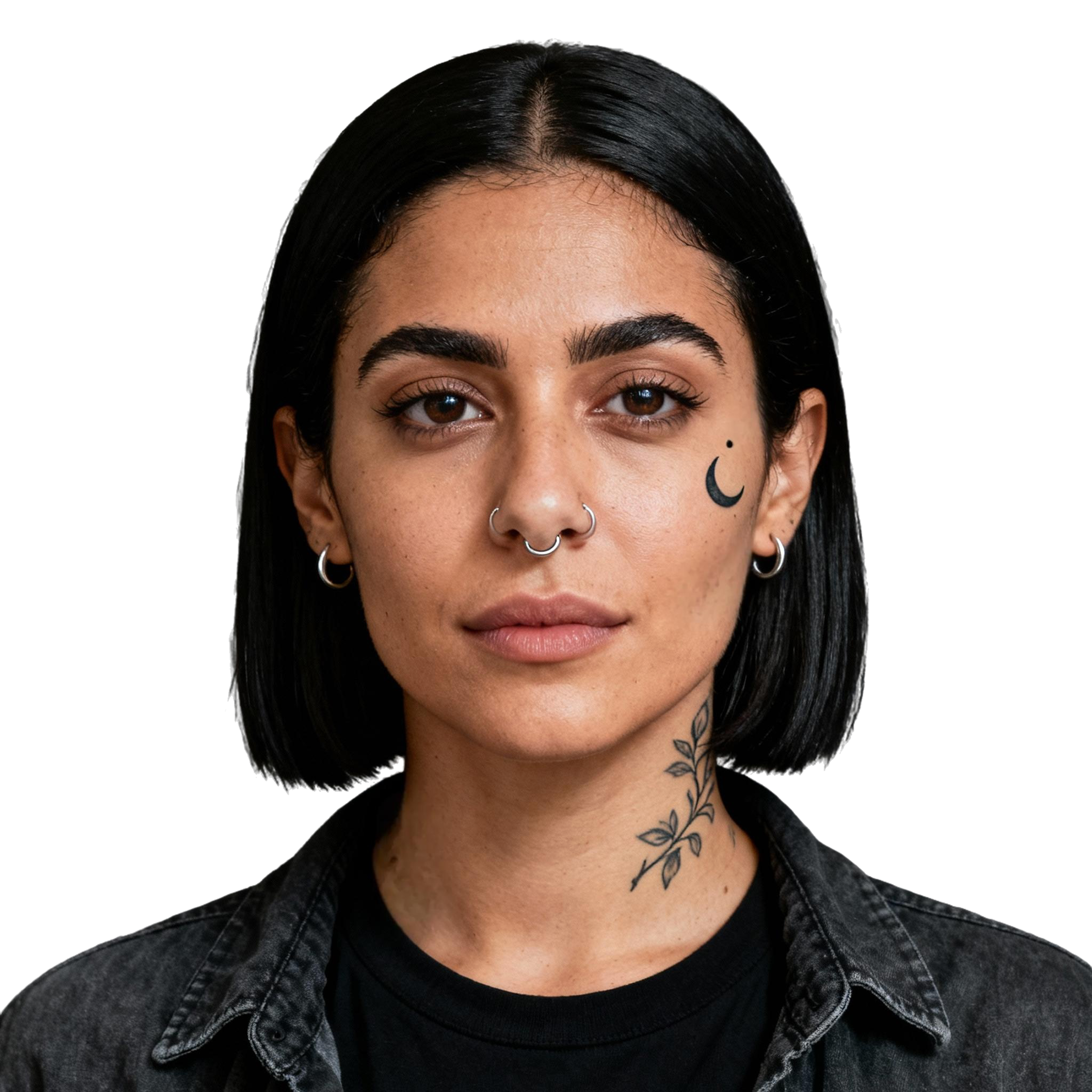 AI-generated portrait of a young woman with a straight bob haircut and facial piercings, wearing a dark jacket, posed with a neutral expression against a transparent background in soft lighting.