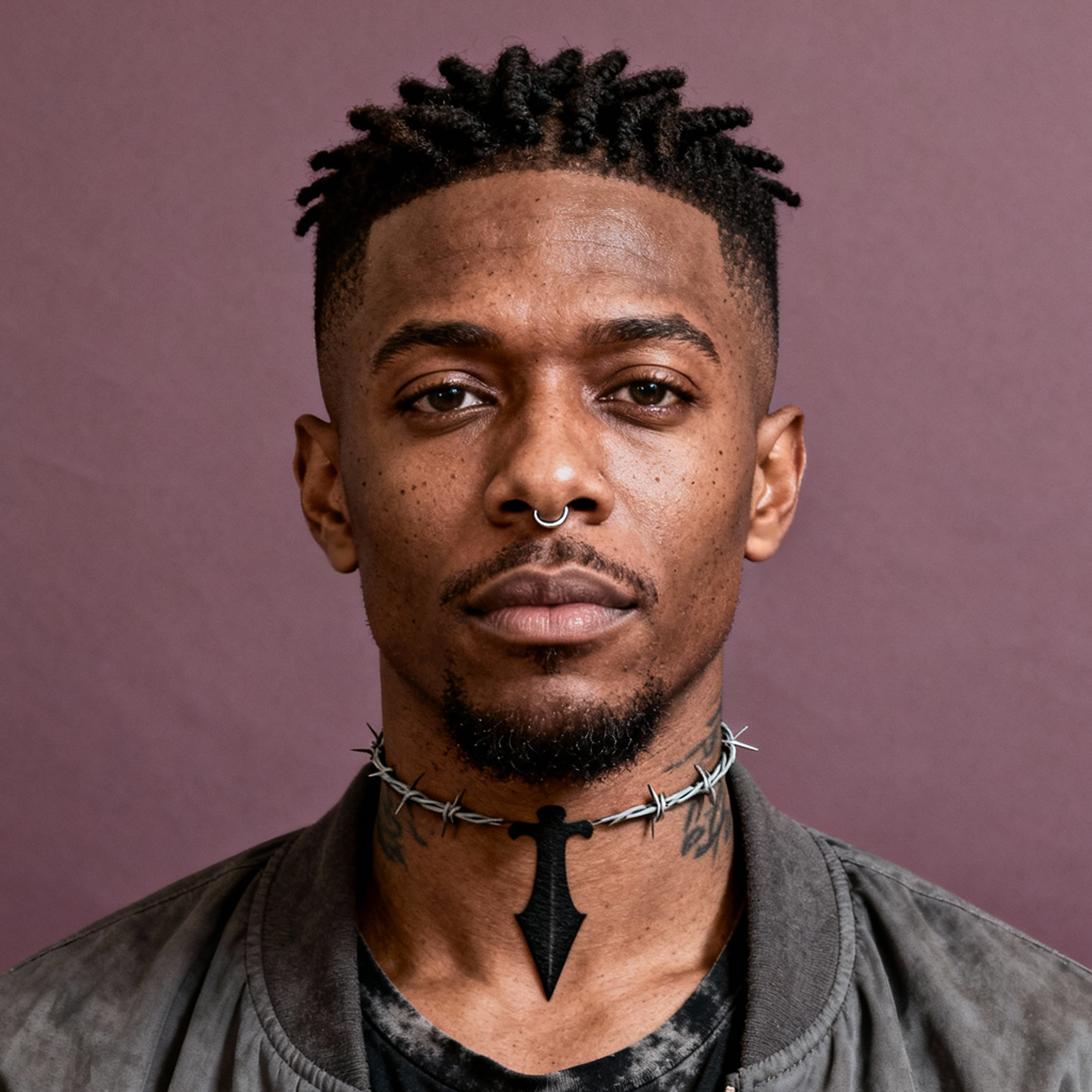 AI-generated portrait of a young man with short textured hair and facial piercings, wearing a dark jacket, posed with a serious expression against a muted mauve background in soft lighting.