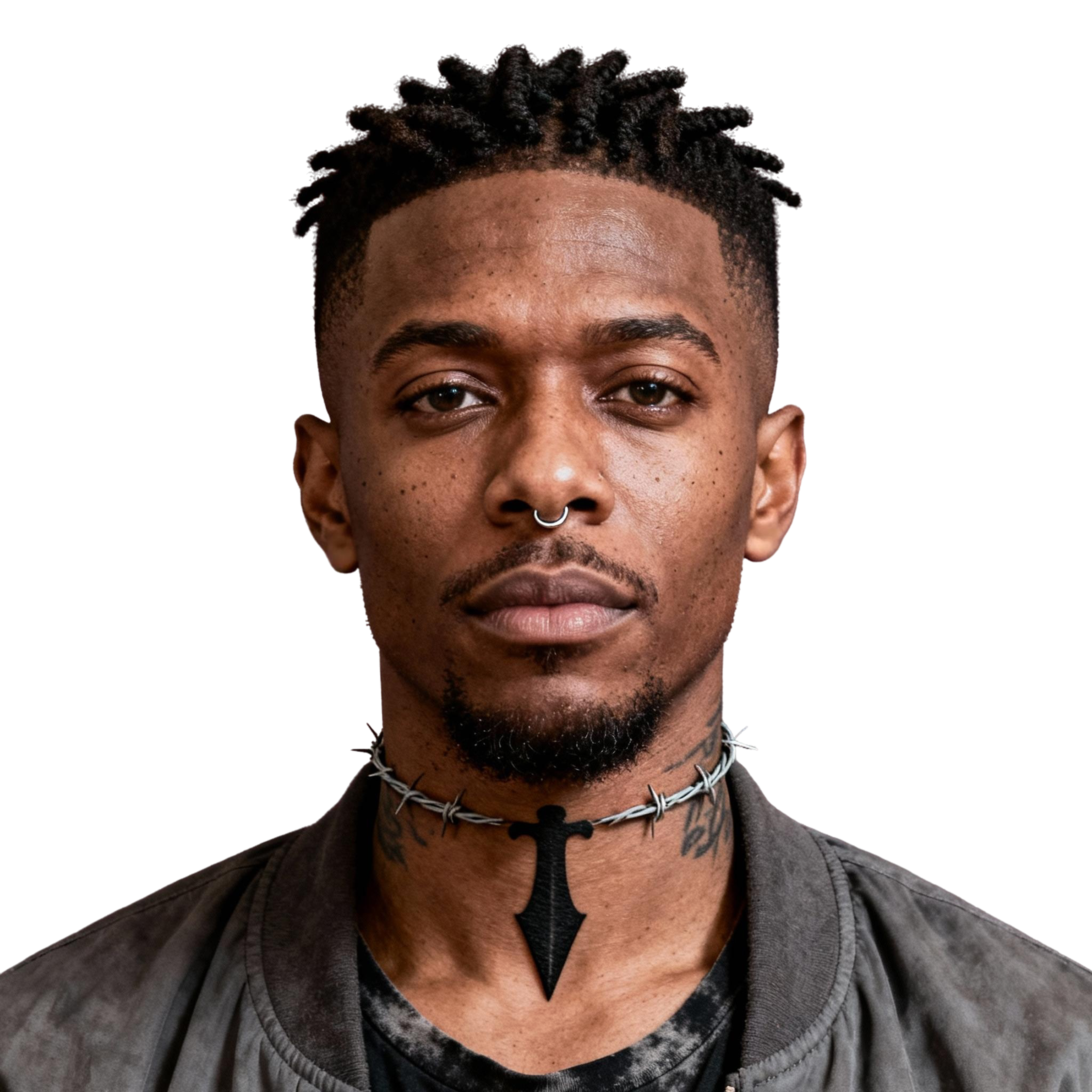 AI-generated portrait of a young man with short textured hair and facial piercings, wearing a dark jacket, posed with a serious expression against a transparent background in soft lighting.