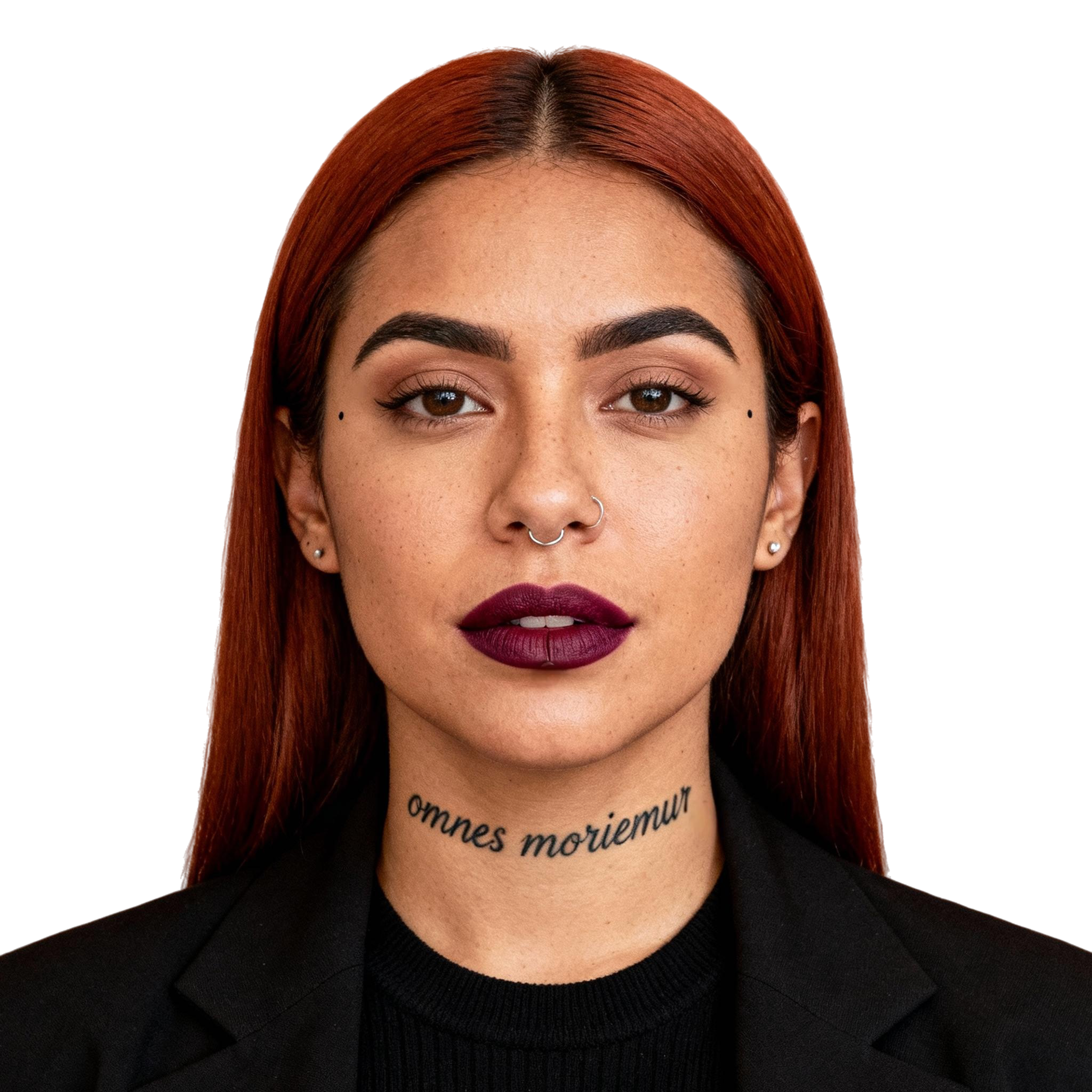 AI-generated portrait of a young woman with long straight hair and facial piercings, wearing a dark blazer and top, posed with a neutral expression against a transparent background in studio lighting.