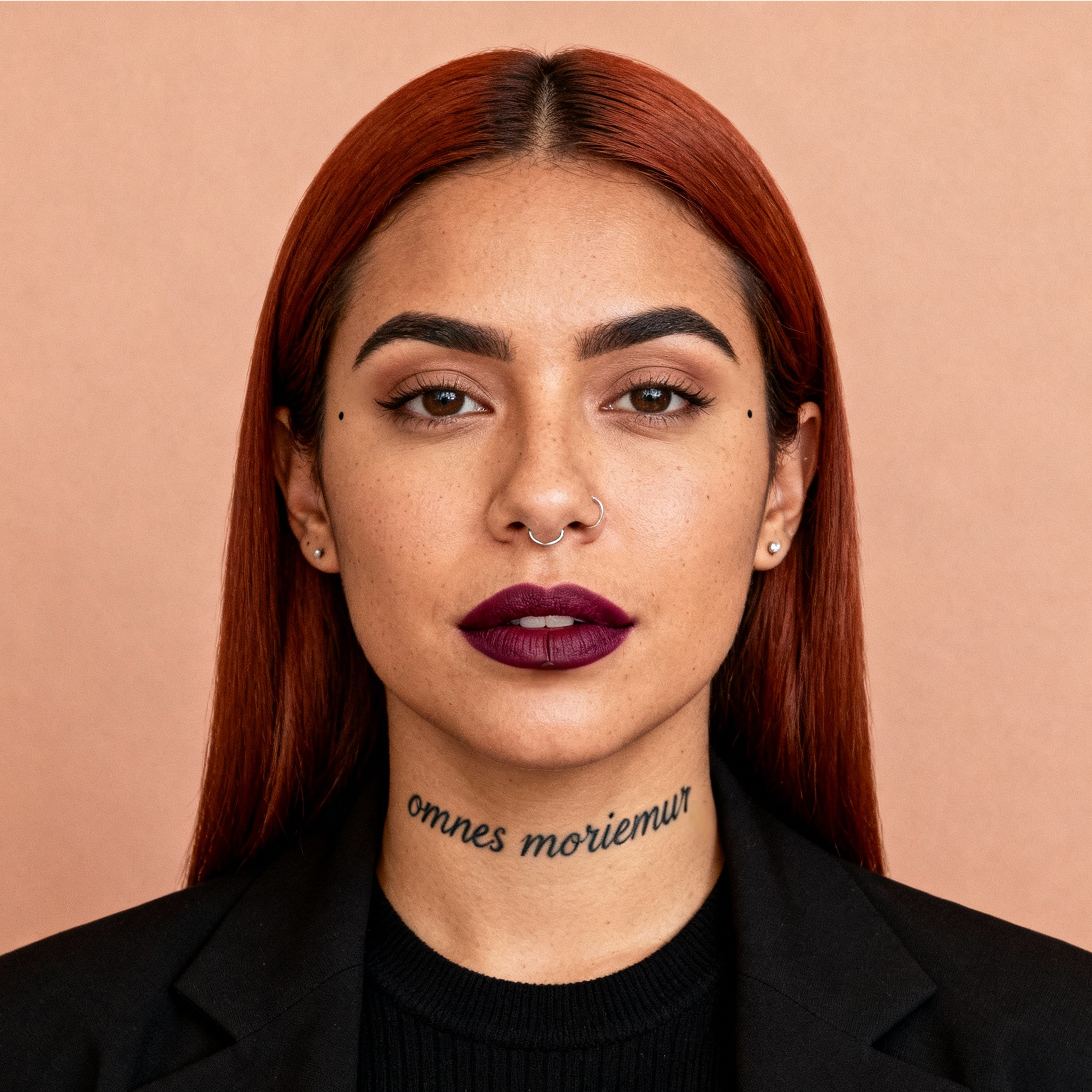 AI-generated portrait of a young woman with long straight hair and facial piercings, wearing a dark blazer and top, posed with a neutral expression against a warm beige background in studio lighting.
