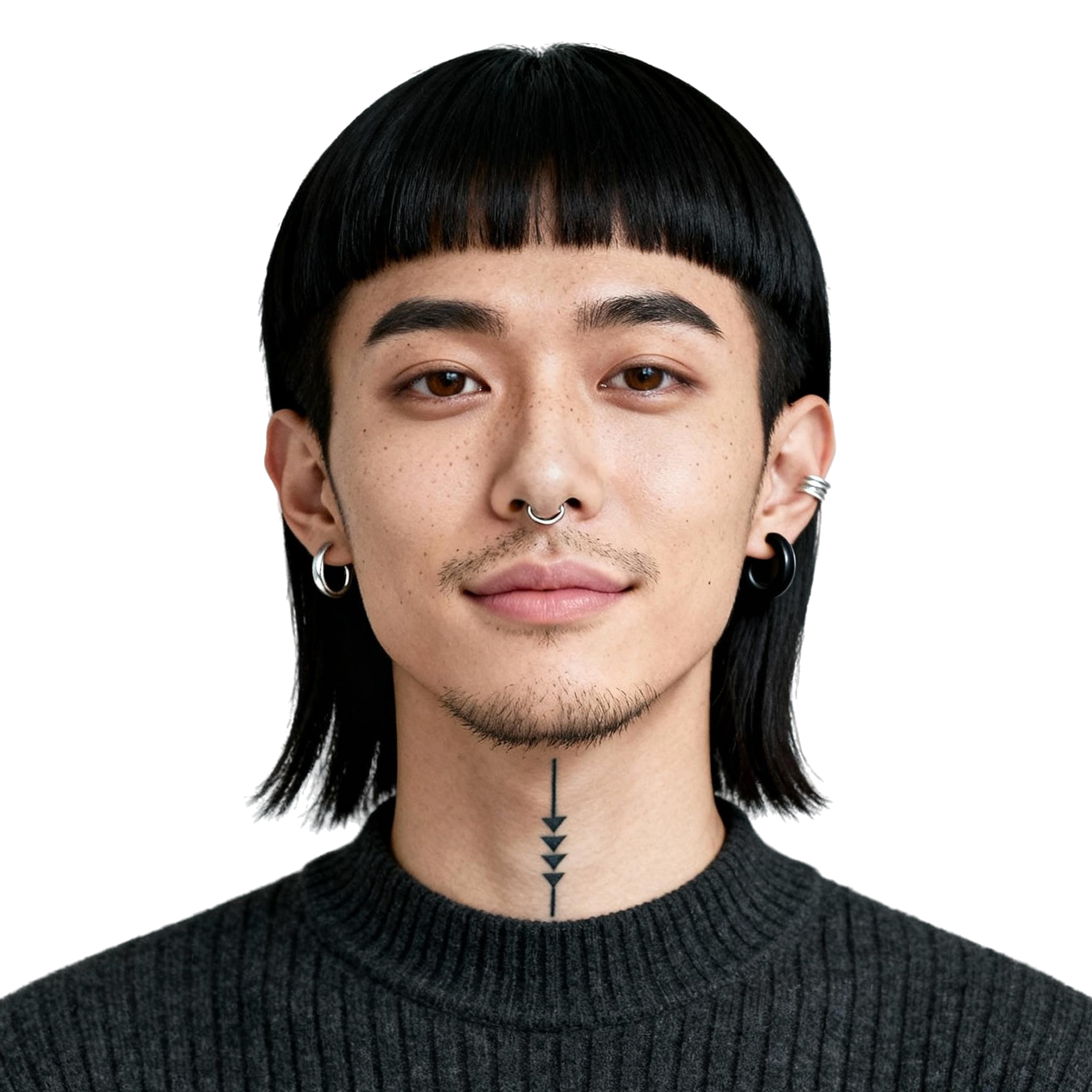 AI-generated portrait of a young person with a blunt haircut and facial piercings, wearing a dark knit top, posed with a neutral expression against a transparent background in soft lighting.