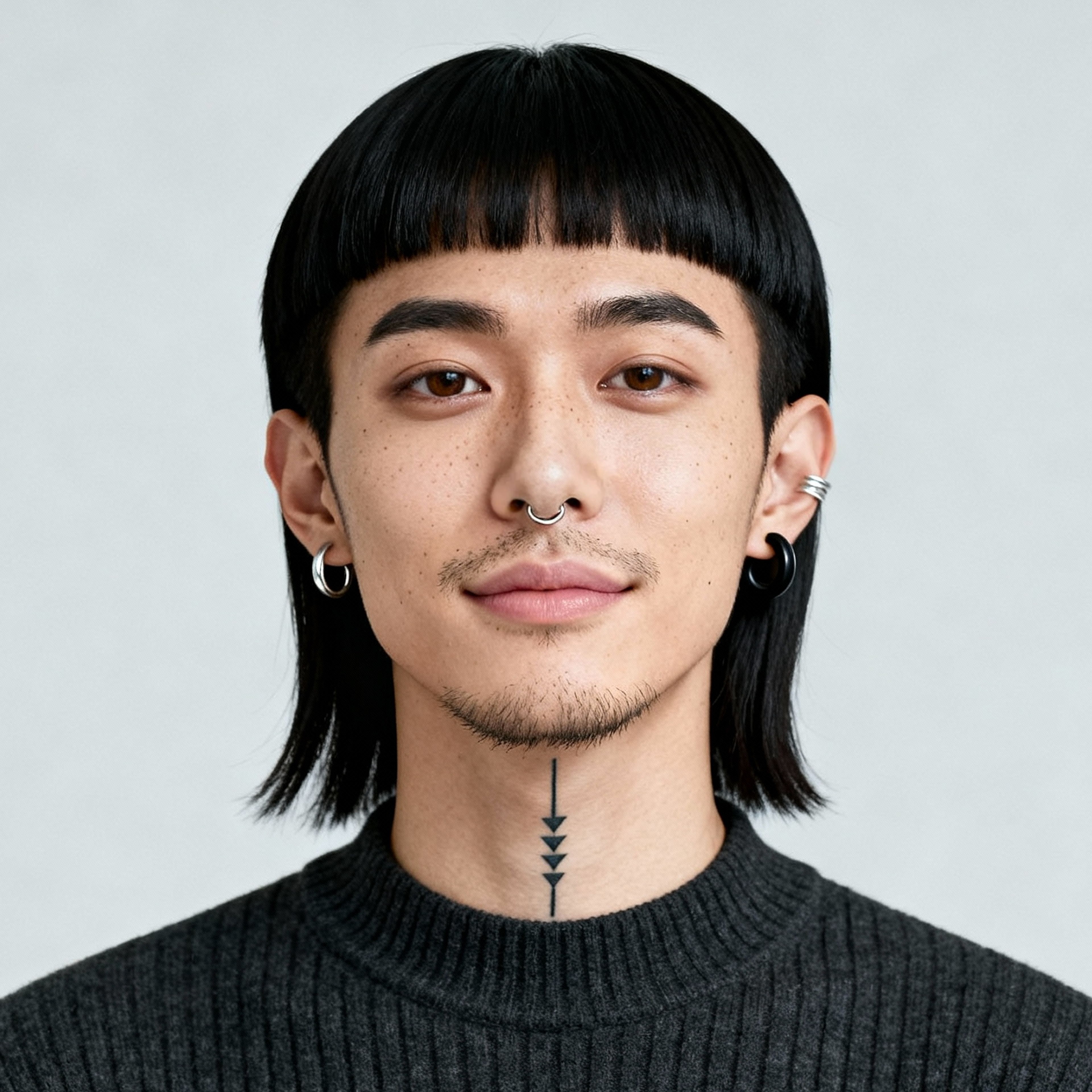 AI-generated portrait of a young person with a blunt haircut and facial piercings, wearing a dark knit top, posed with a neutral expression against a light gray background in soft lighting.