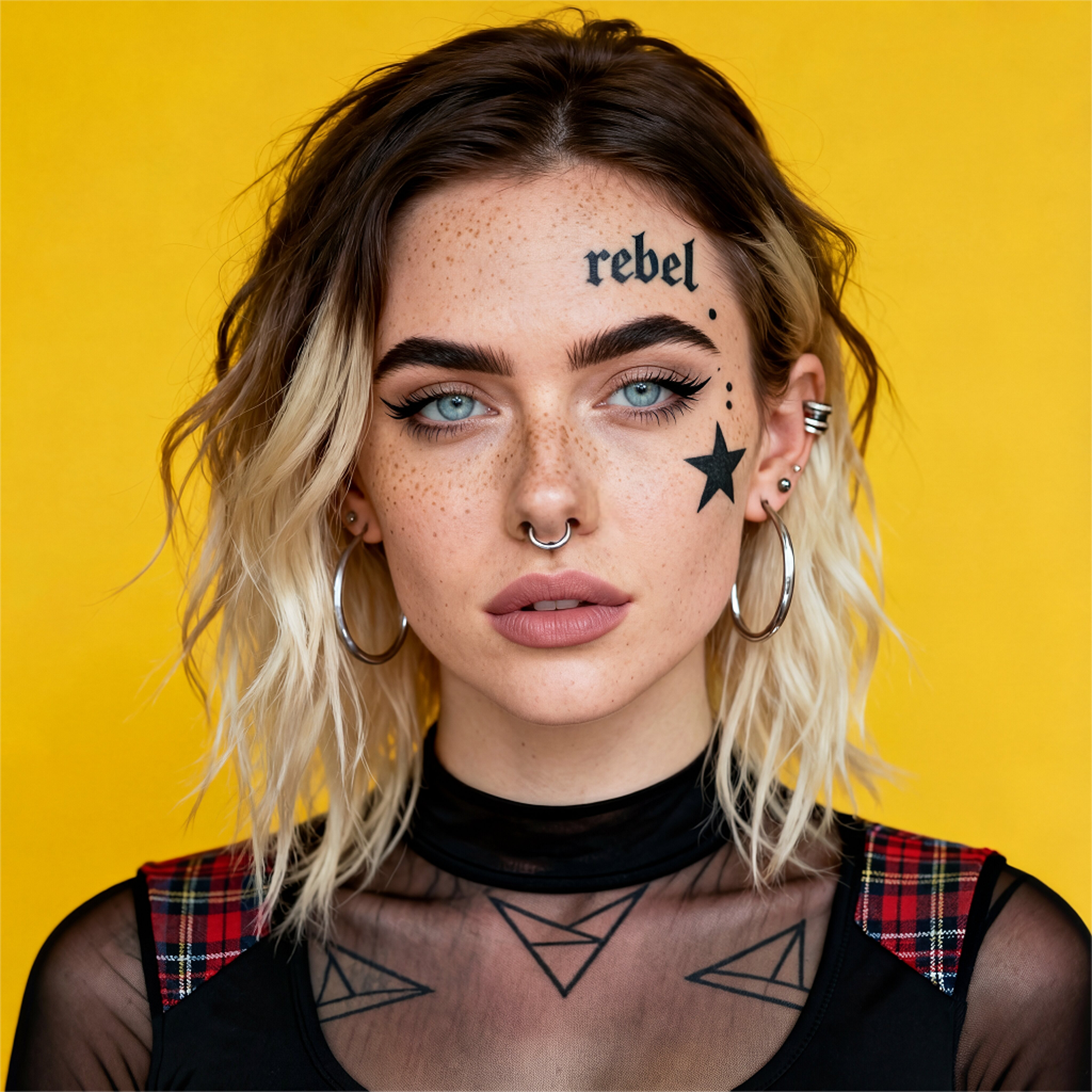 AI-generated portrait of a young woman with shoulder-length hair and facial star tattoos, wearing a dark top and sheer neckline, posed with a calm expression against a bright yellow background in studio lighting.