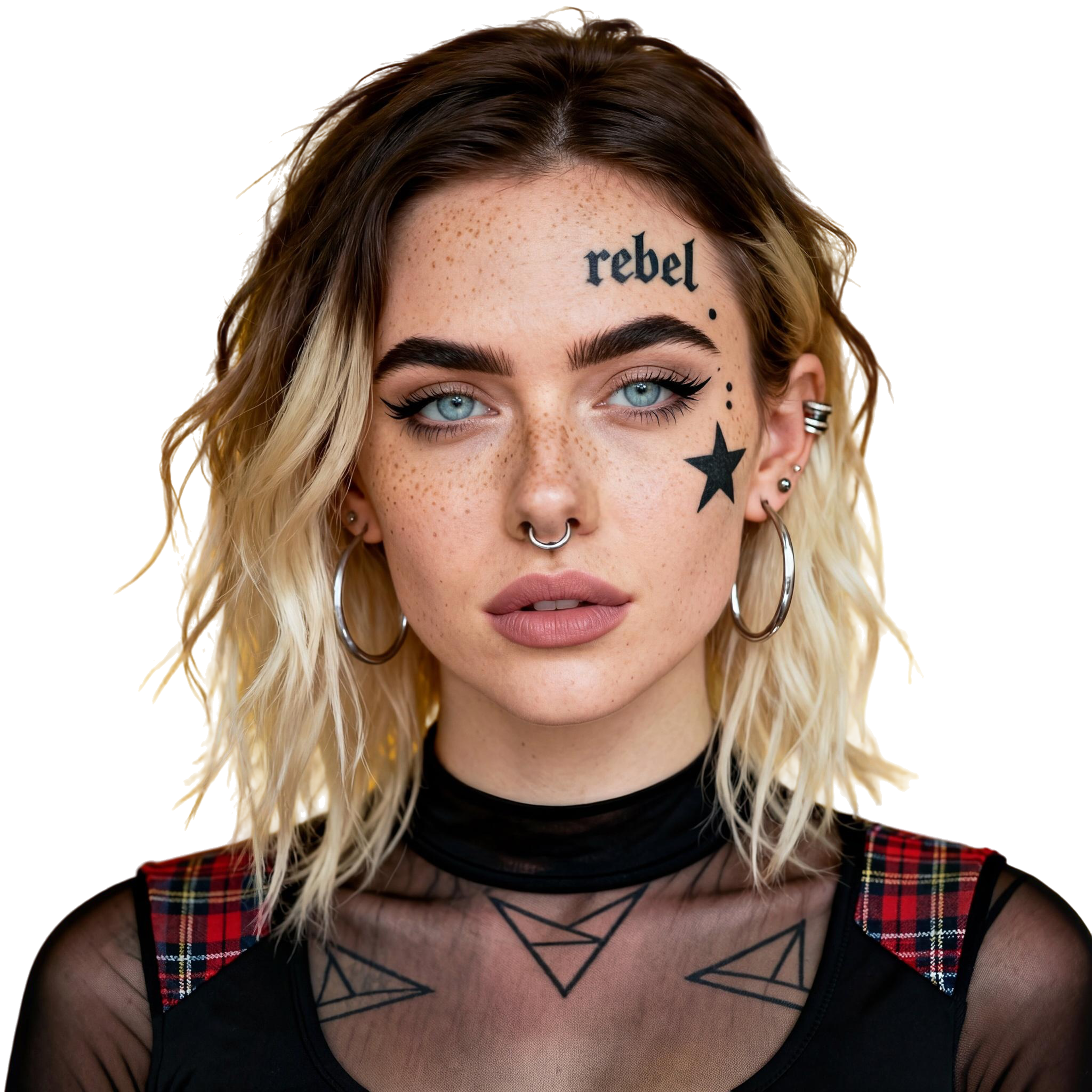 AI-generated portrait of a young woman with shoulder-length hair and facial star tattoos, wearing a dark top and sheer neckline, posed with a calm expression against a transparent background in studio lighting.