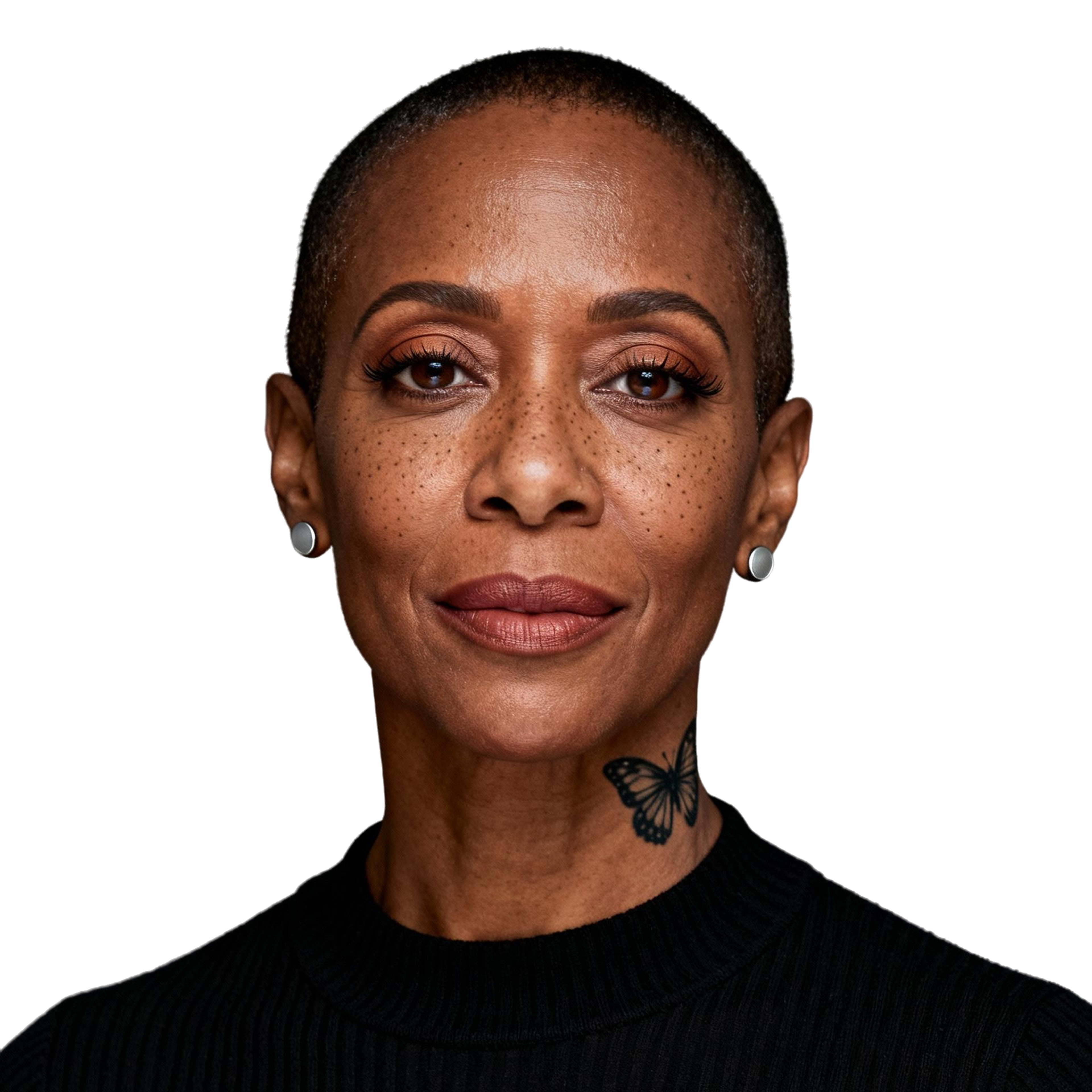 AI-generated portrait of a middle-aged woman with very short hair and small earrings, wearing a dark top, posed with a calm expression against a transparent background in soft lighting.