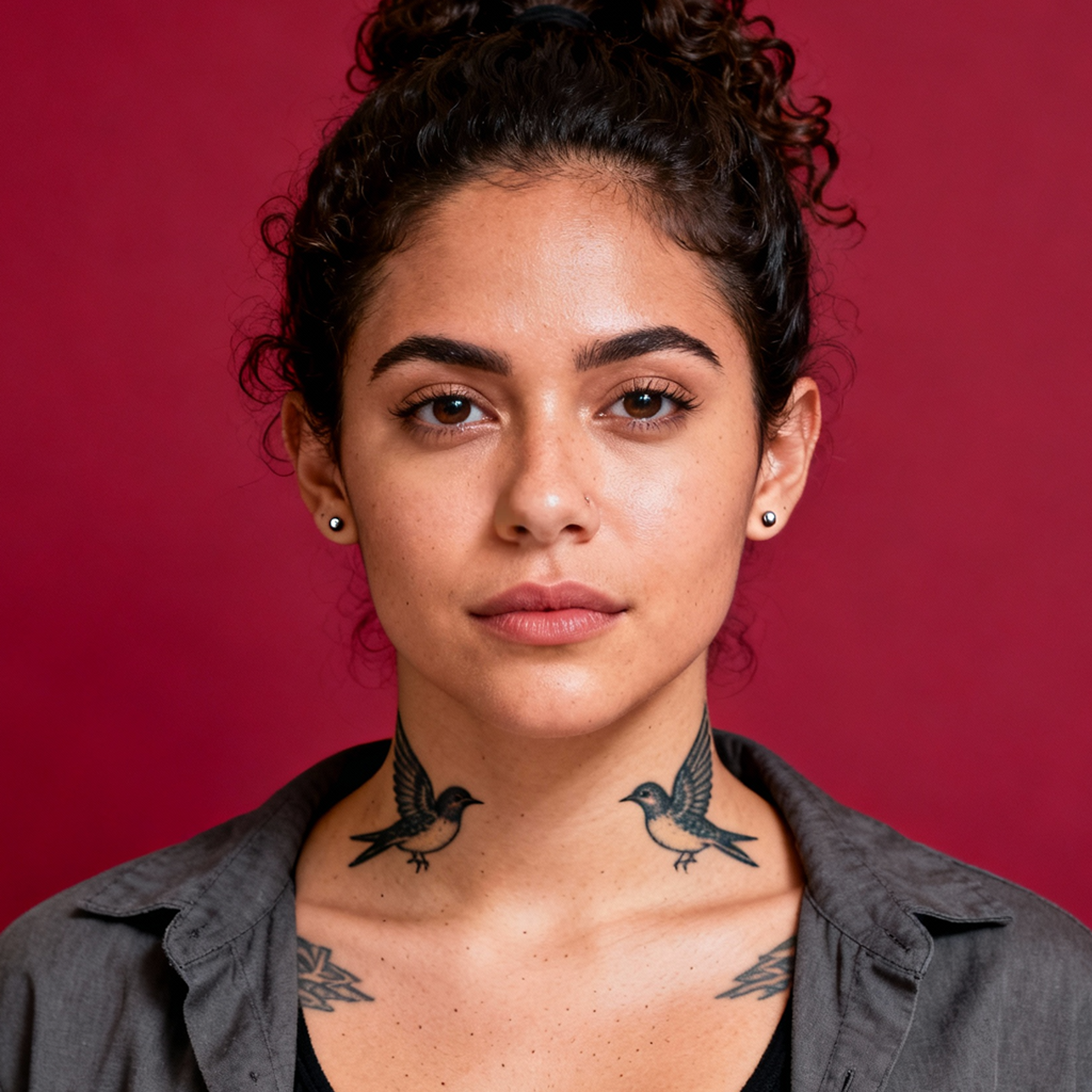 AI-generated portrait of a young woman with curly hair pulled back and small earrings, wearing a casual jacket, posed with a neutral expression against a deep red background in studio lighting.