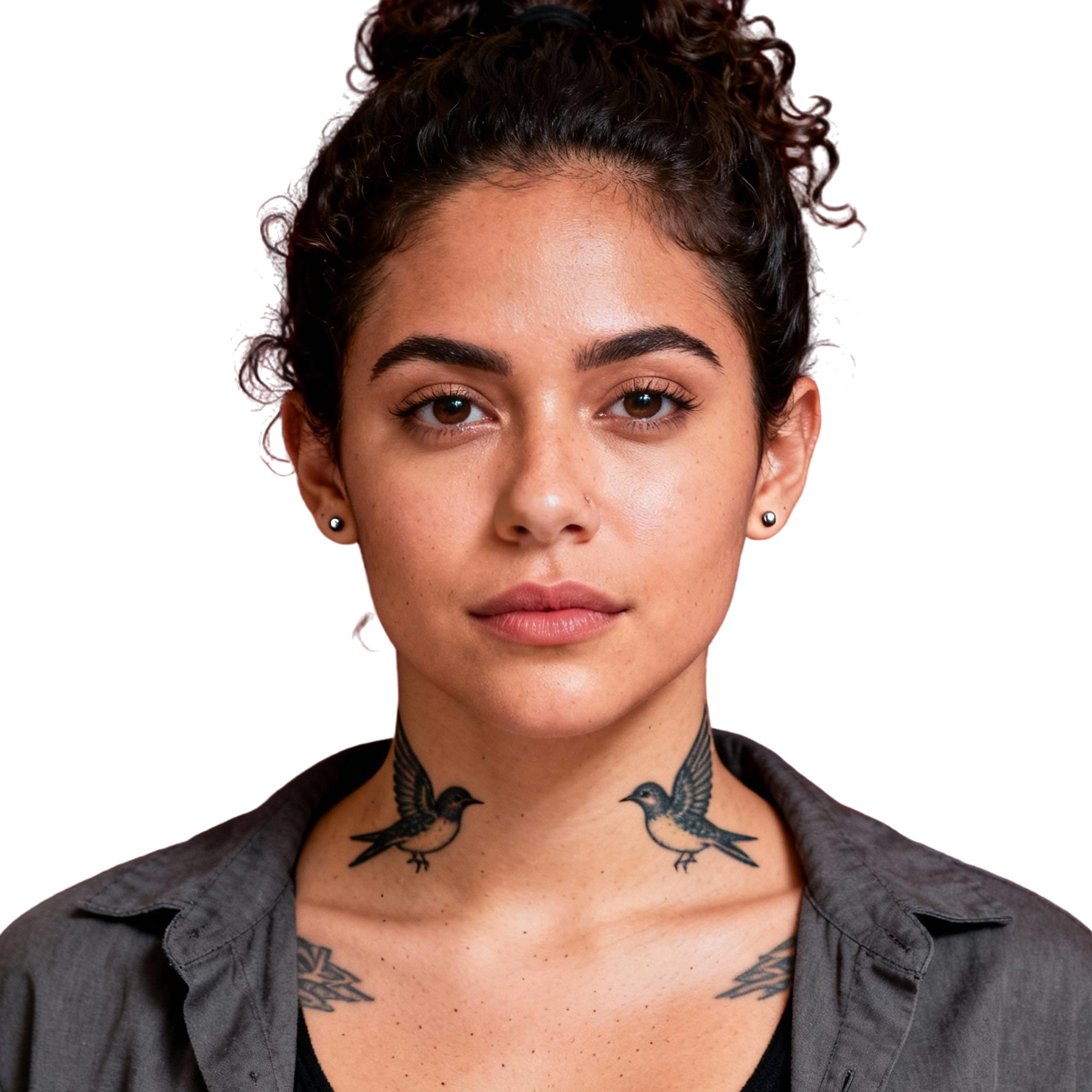 AI-generated portrait of a young woman with curly hair pulled back and small earrings, wearing a casual jacket, posed with a neutral expression against a transparent background in studio lighting.