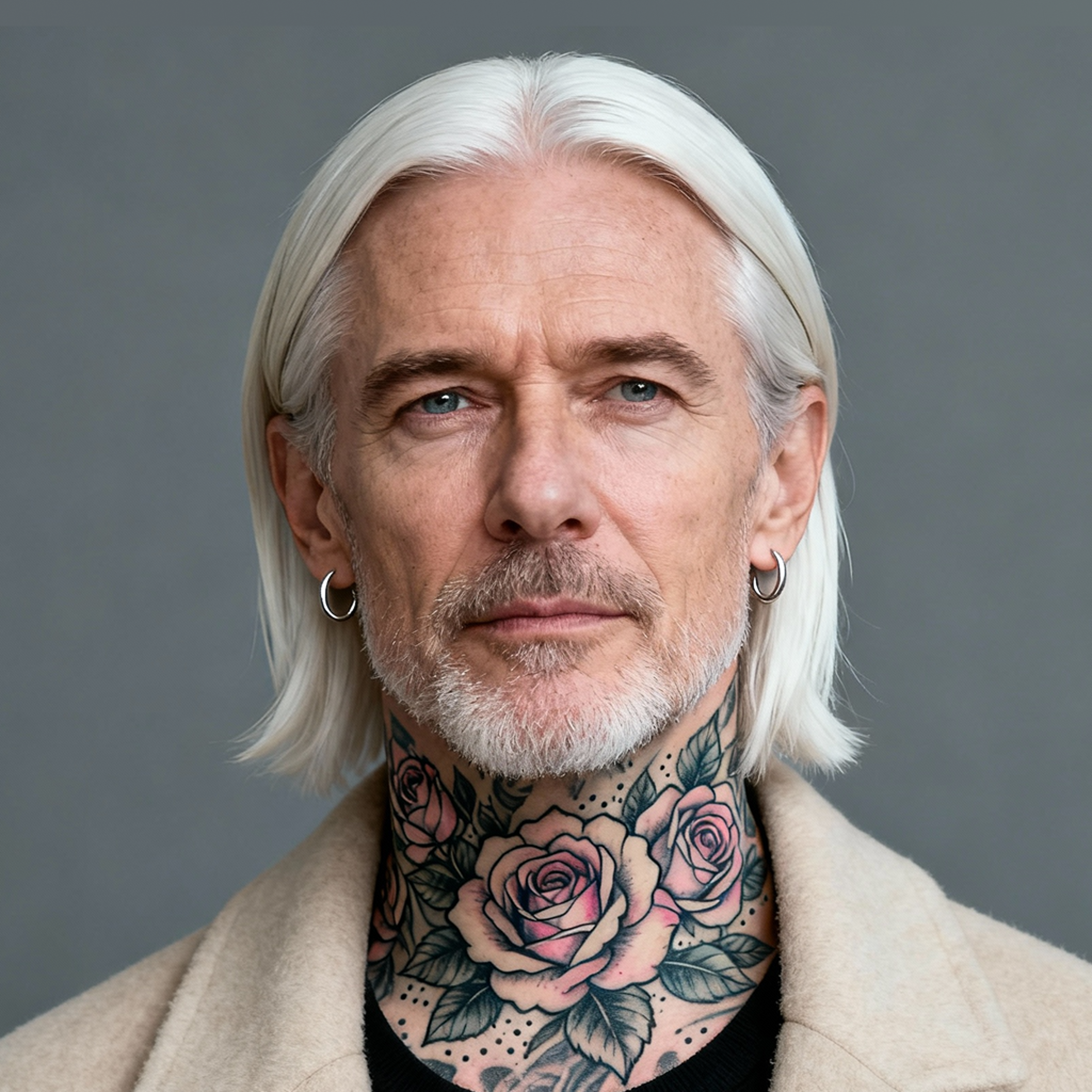 AI-generated portrait of a middle-aged man with long light hair and trimmed facial hair, wearing a light jacket, posed with a neutral expression against a gray background in soft lighting.