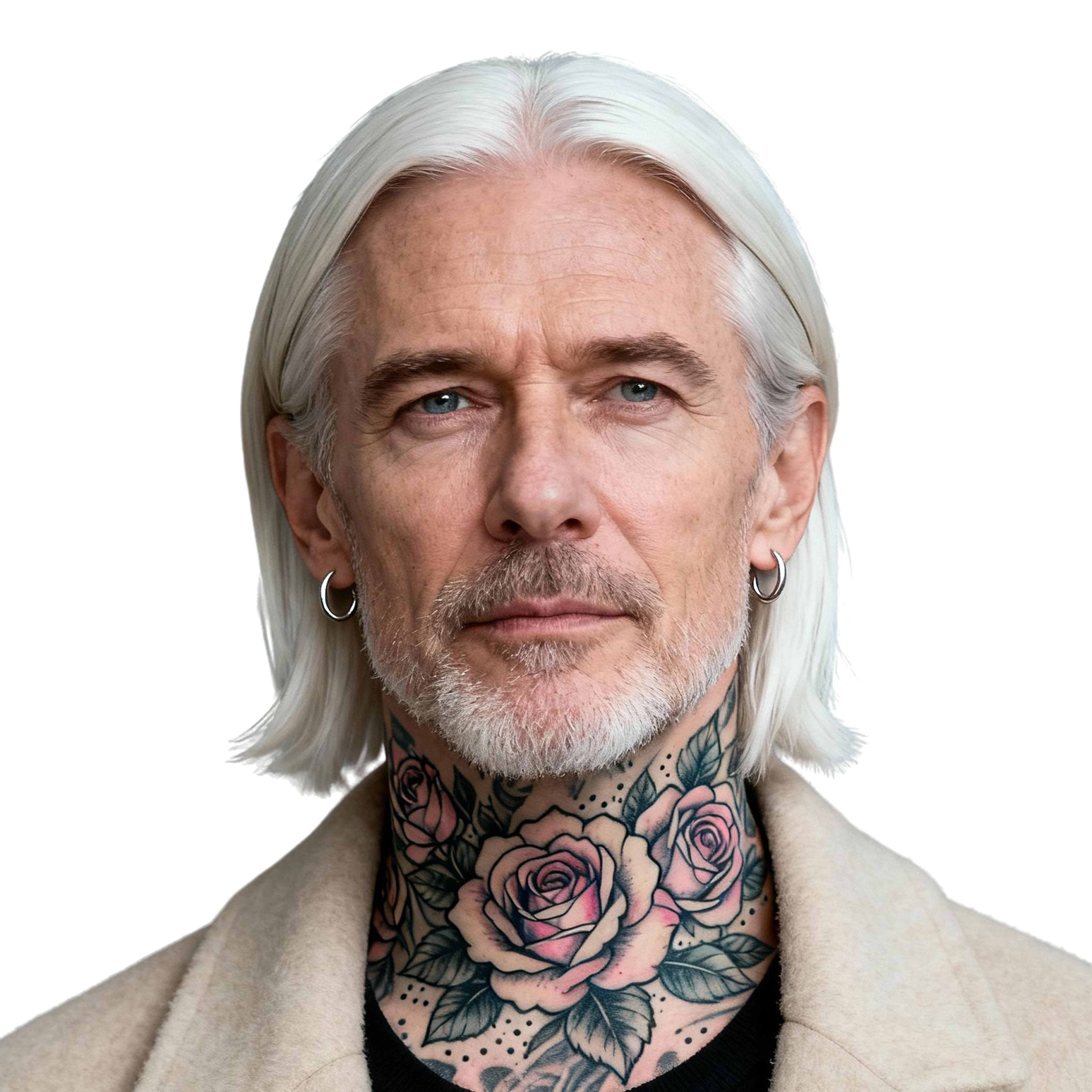 AI-generated portrait of a middle-aged man with long light hair and trimmed facial hair, wearing a light jacket, posed with a neutral expression against a transparent background in soft lighting.