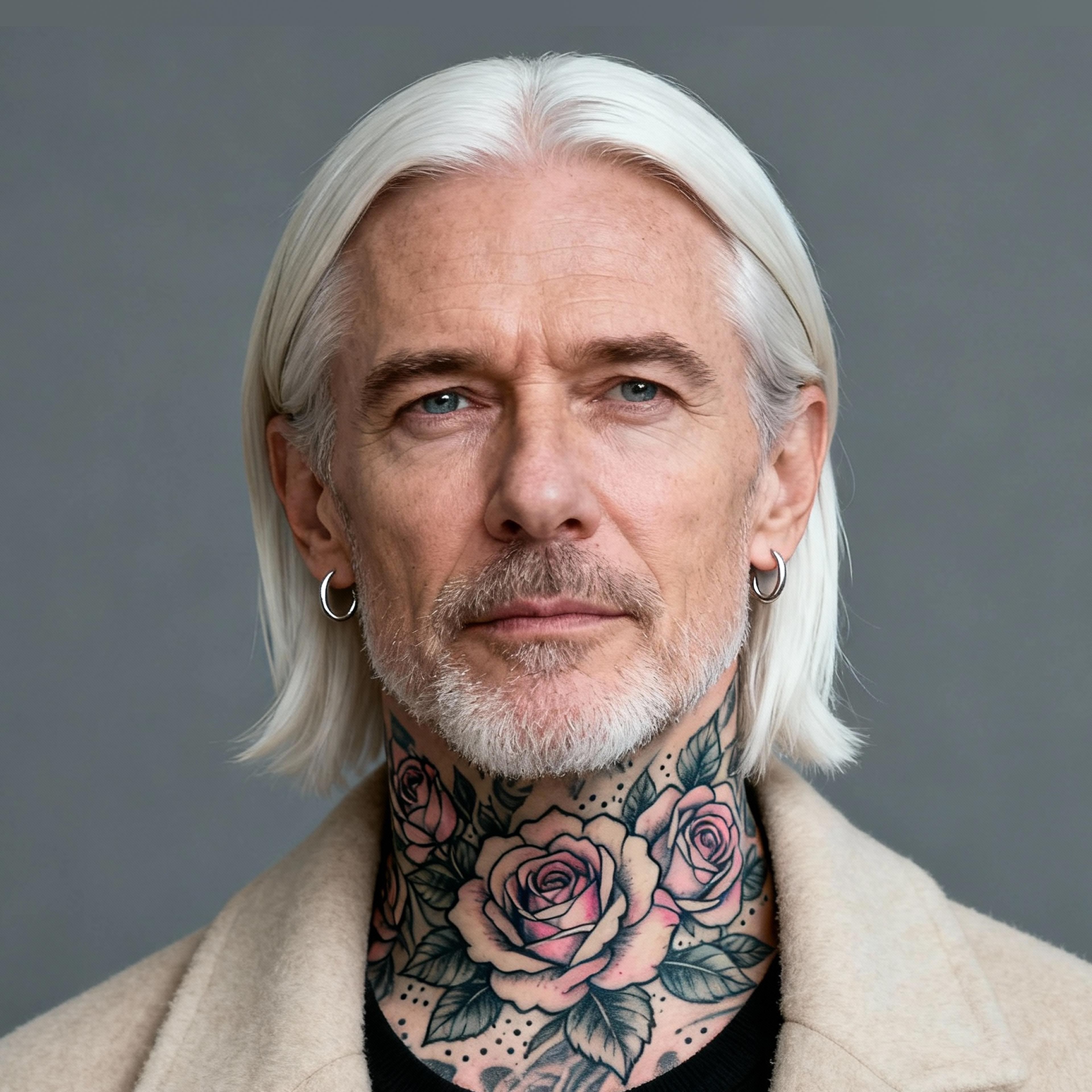 AI-generated portrait of a middle-aged man with long light hair and trimmed facial hair, wearing a light jacket, posed with a neutral expression against a gray background in soft lighting.