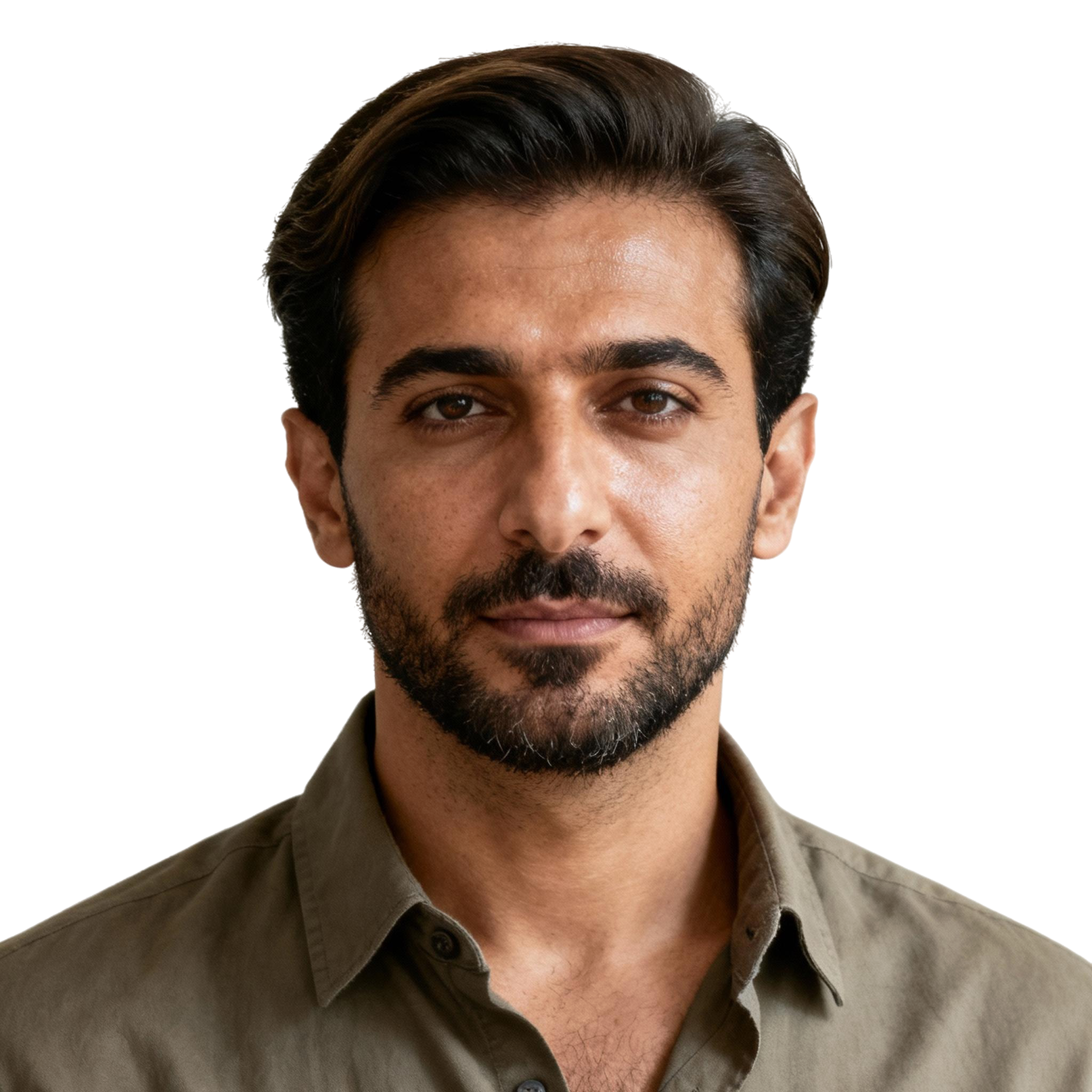 AI-generated portrait of a young man with short dark hair and trimmed facial hair, wearing a neutral button-up shirt, posed with a calm expression against a transparent background in clean daylight.