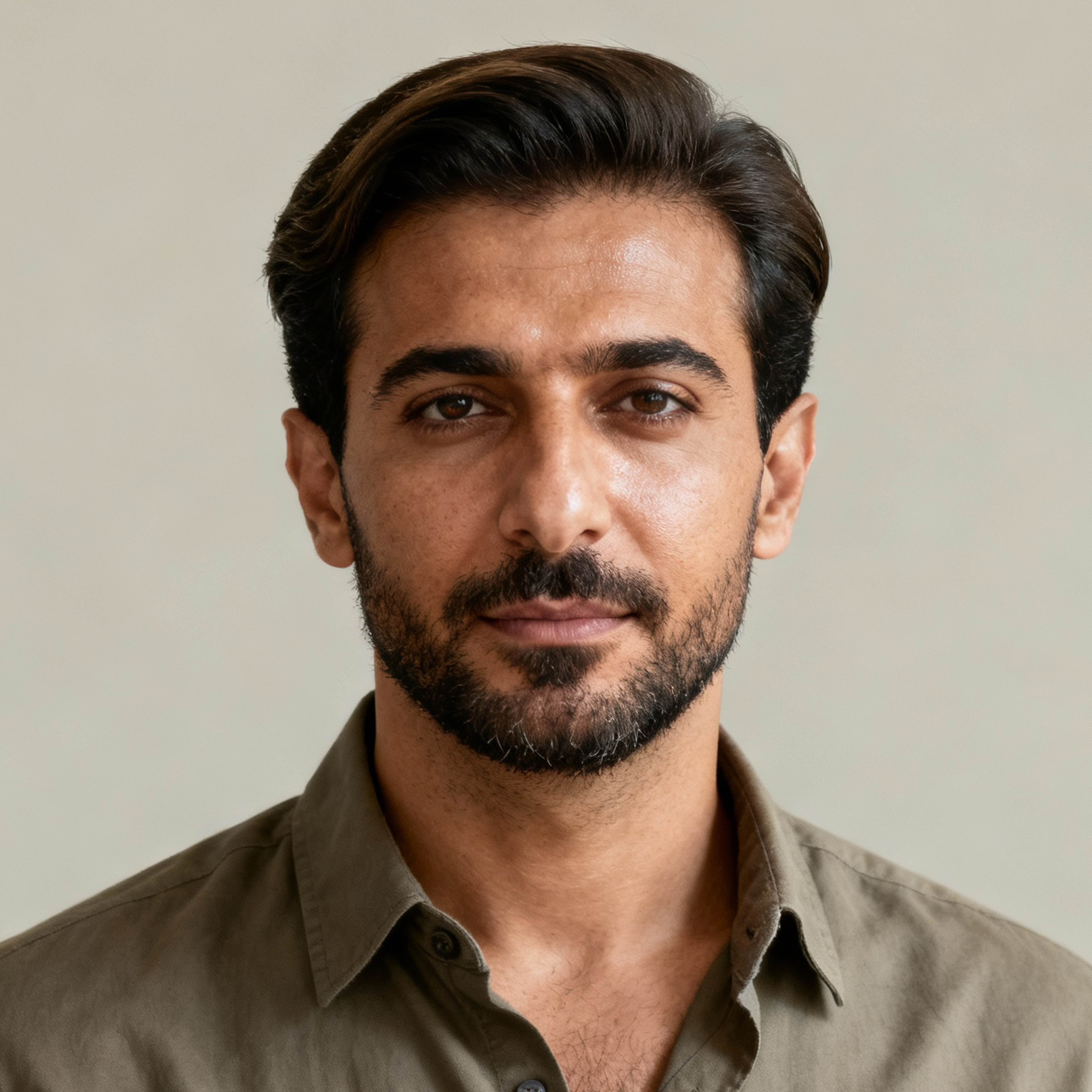 AI-generated portrait of a young man with short dark hair and trimmed facial hair, wearing a neutral button-up shirt, posed with a calm expression against a light neutral background in clean daylight.
