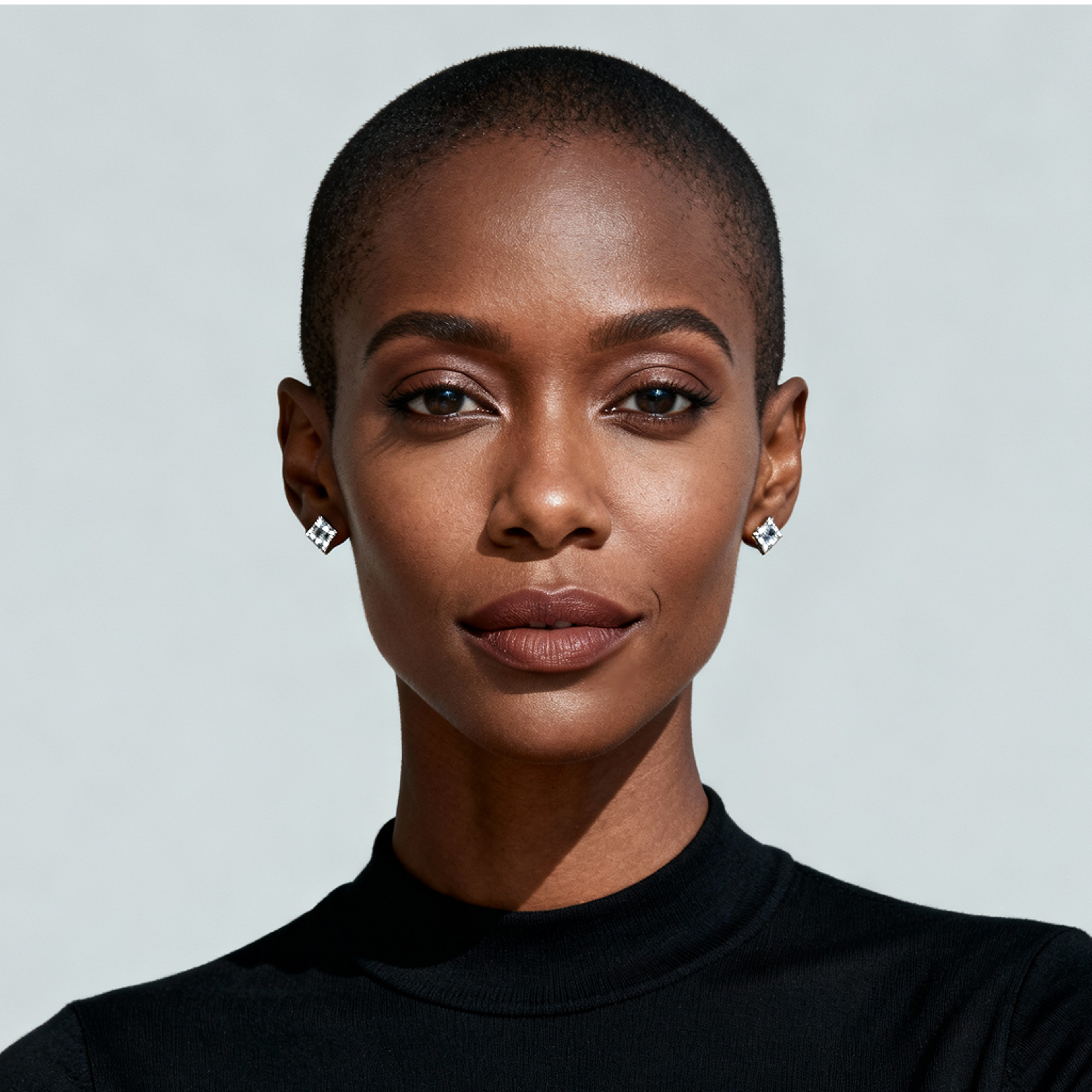 AI-generated portrait of a young woman with very short hair and defined features, wearing a dark monochrome top, posed with a neutral expression against a soft gray background in studio light.