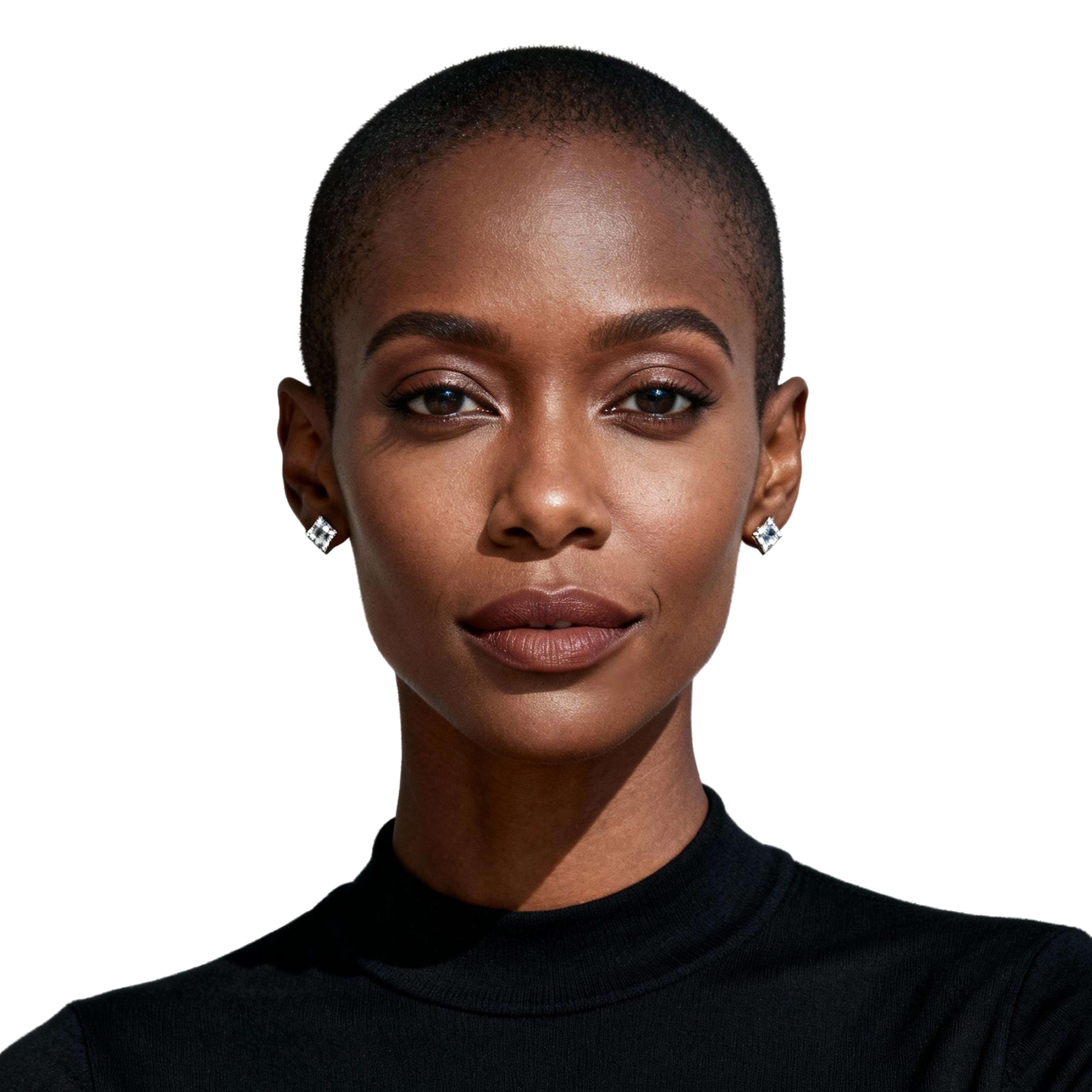 AI-generated portrait of a young woman with very short hair and defined features, wearing a dark monochrome top, posed with a neutral expression against a transparent background in studio light.