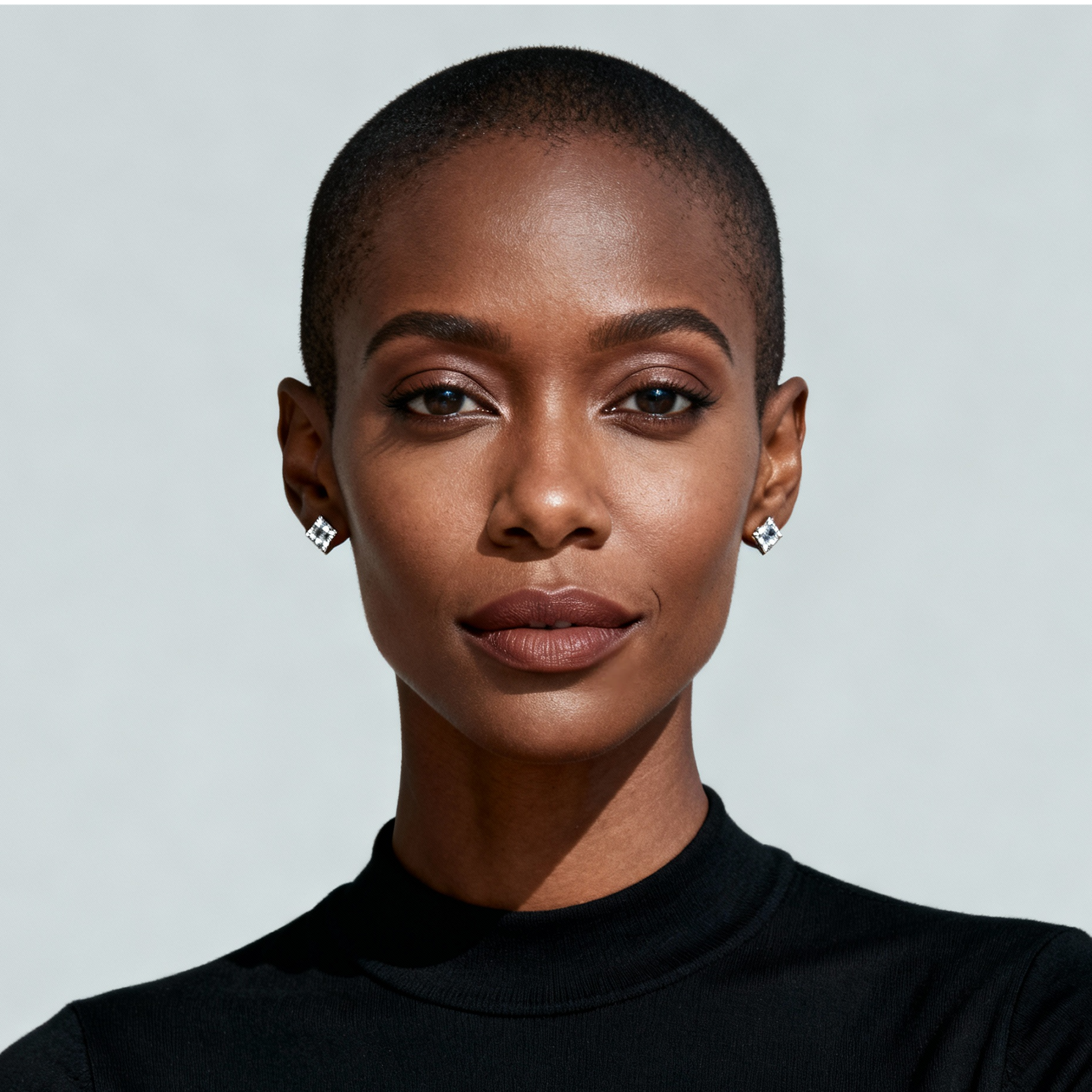 AI-generated portrait of a young woman with very short hair and defined features, wearing a dark monochrome top, posed with a neutral expression against a soft gray background in studio light.