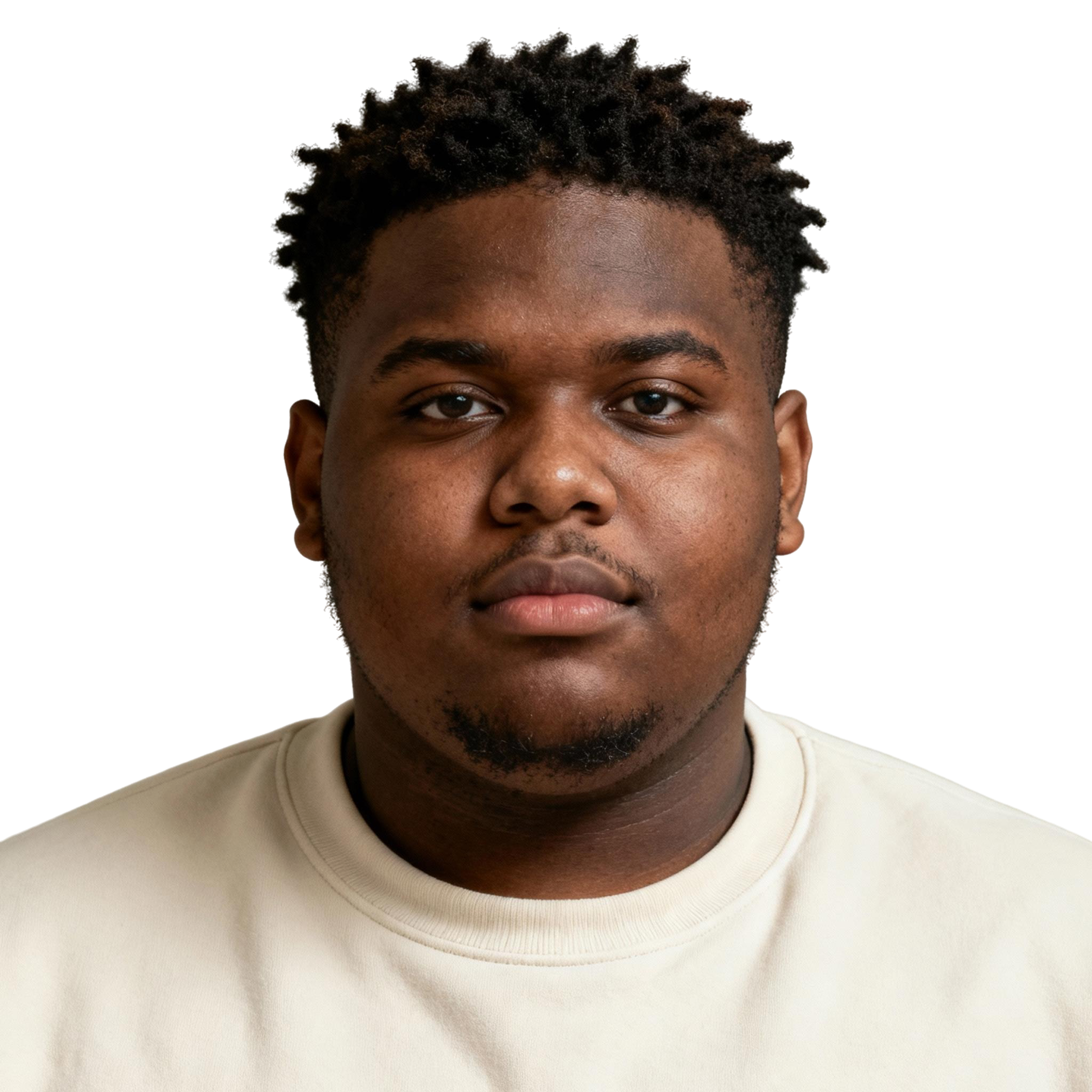 AI-generated portrait of a young man with short textured hair and a trimmed beard, wearing a light crewneck shirt, posed with a neutral expression against a transparent background in daylight.