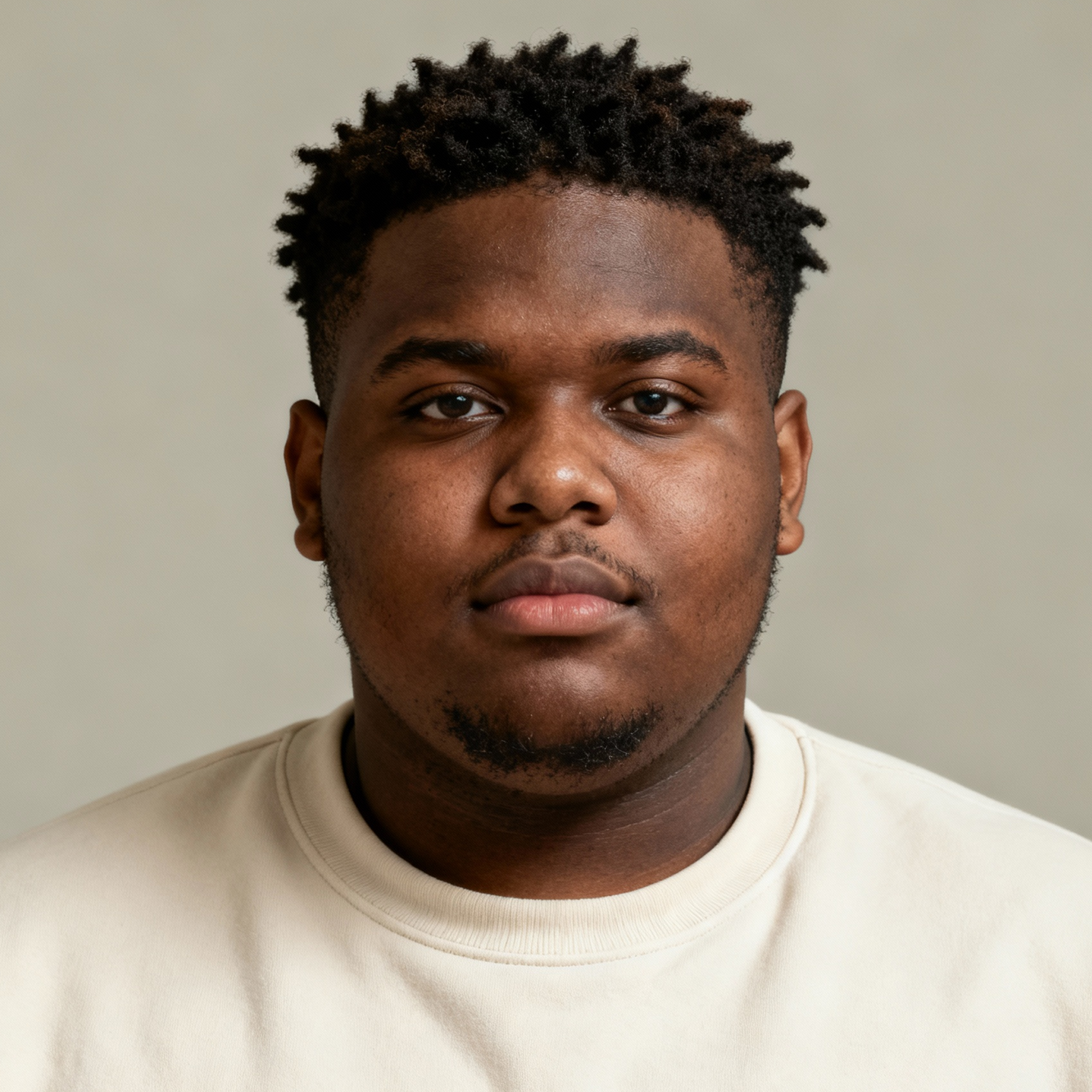 AI-generated portrait of a young man with short textured hair and a trimmed beard, wearing a light crewneck shirt, posed with a neutral expression against a warm neutral background in daylight.