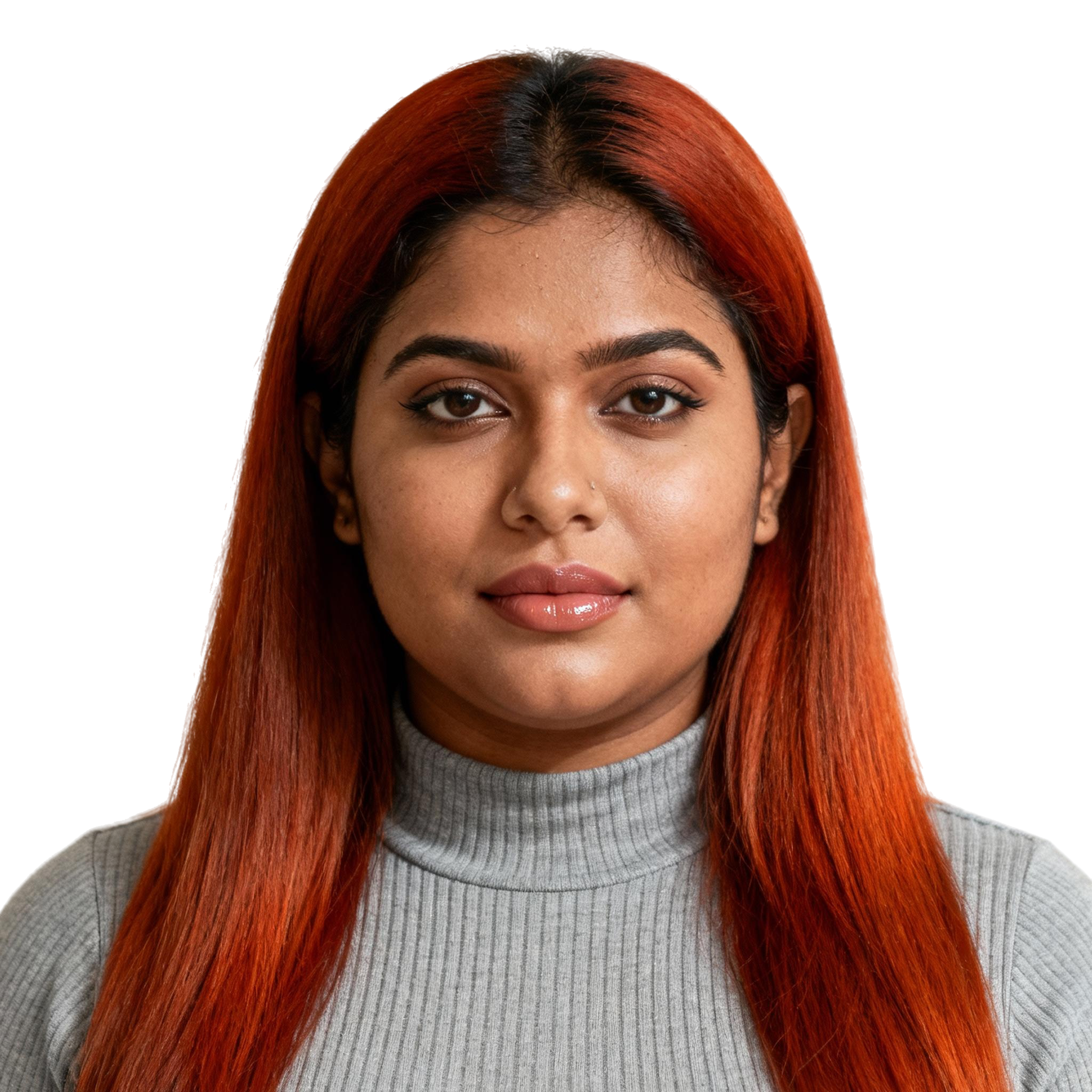 AI-generated portrait of a young woman with long straight hair, wearing a ribbed high-neck top, posed with a neutral expression against a transparent background in clean daylight.