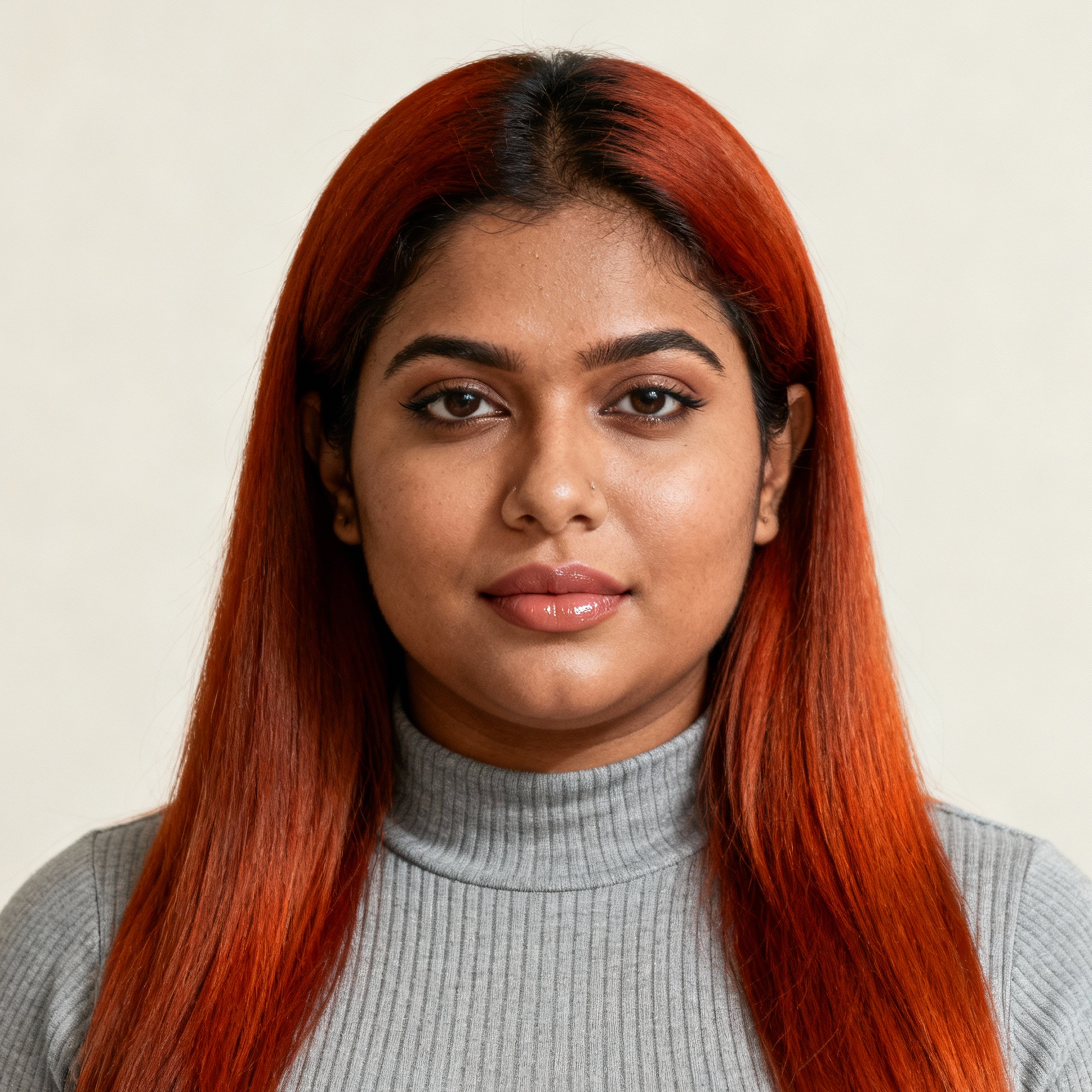AI-generated portrait of a young woman with long straight hair, wearing a ribbed high-neck top, posed with a neutral expression against a light neutral background in clean daylight.