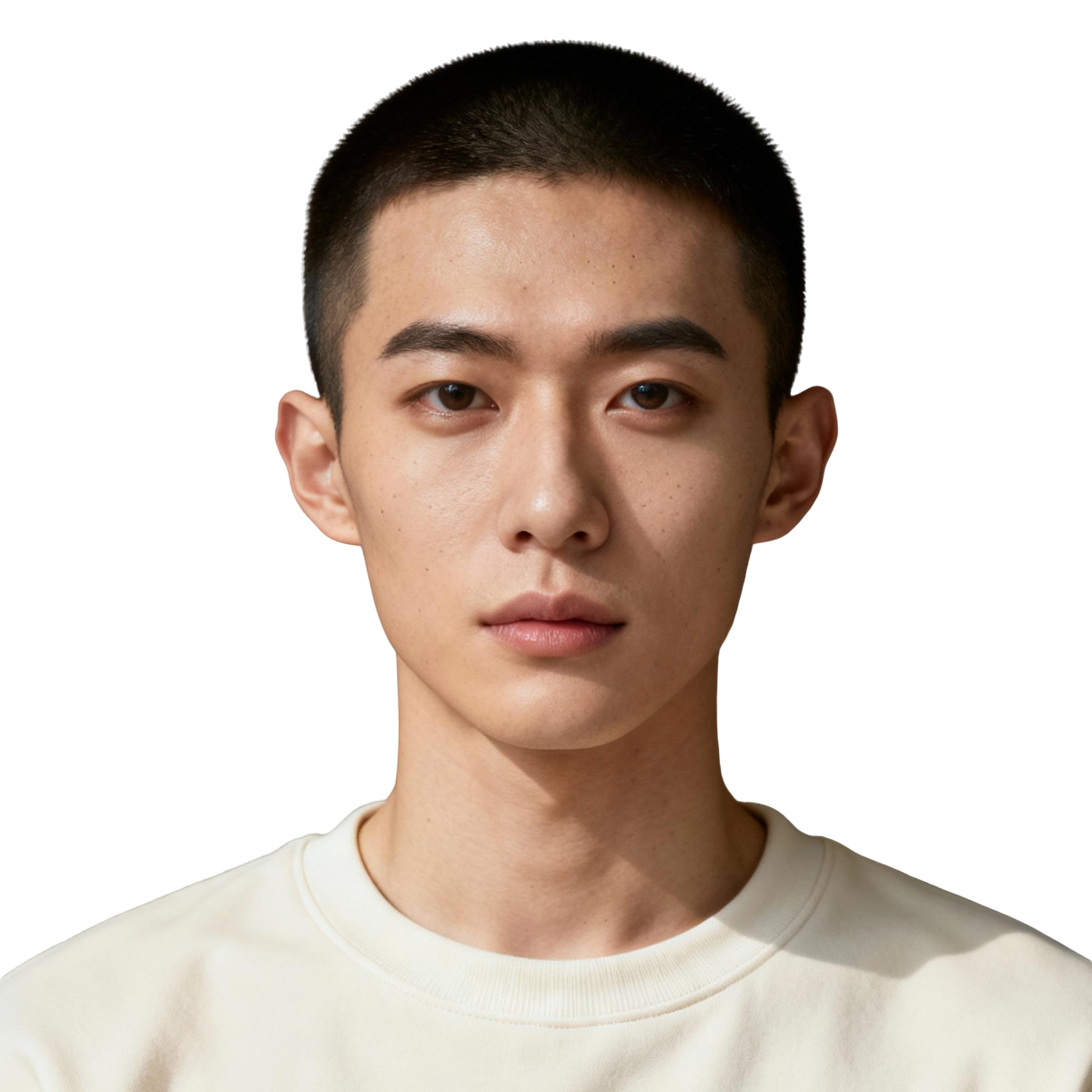 AI-generated portrait of a young person with very short hair and smooth features, wearing a light crewneck shirt, posed with a neutral expression against a transparent background in studio light.
