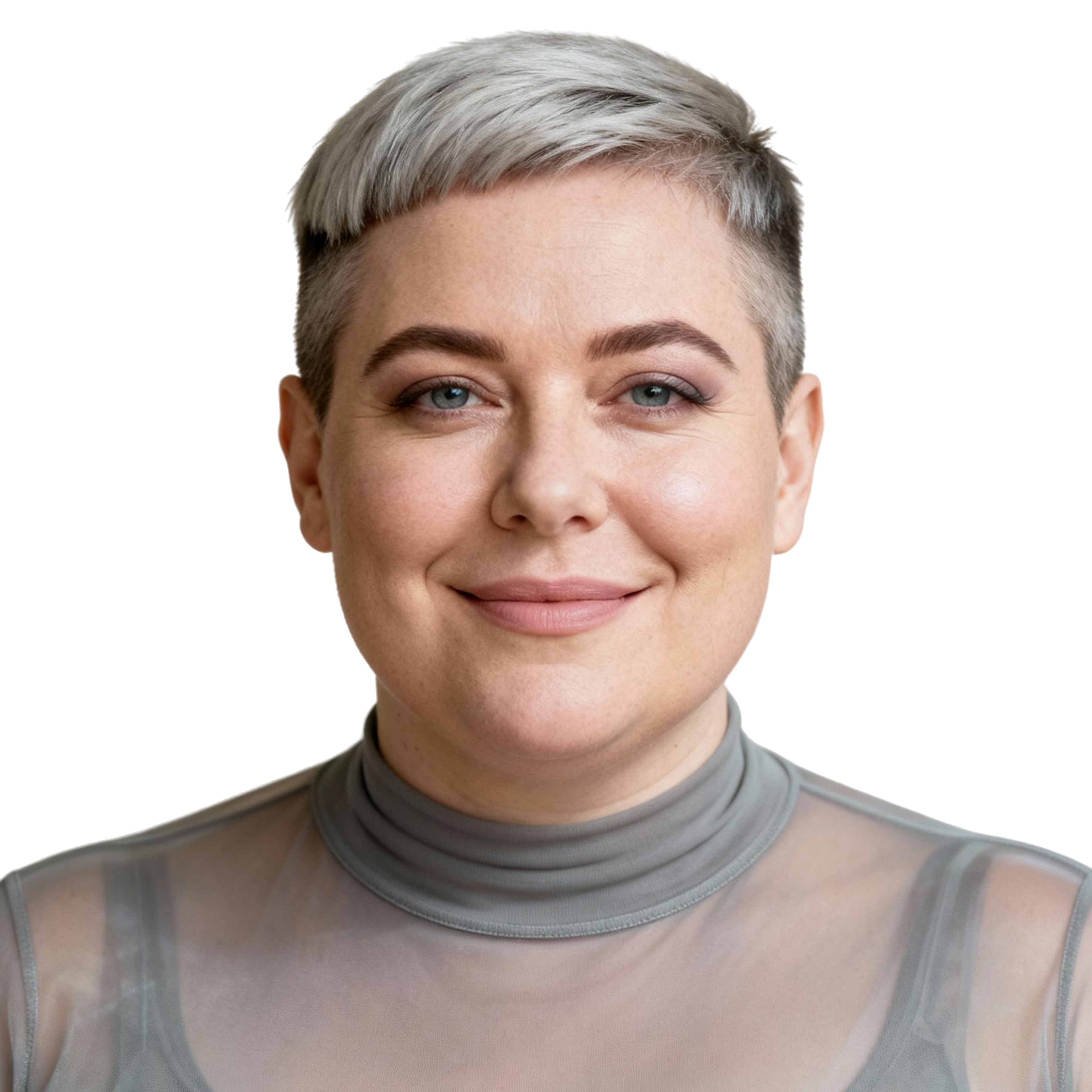 AI-generated portrait of a middle-aged woman with short cropped hair, wearing a sheer high-neck top, posed with a gentle expression against a transparent background in diffused light.