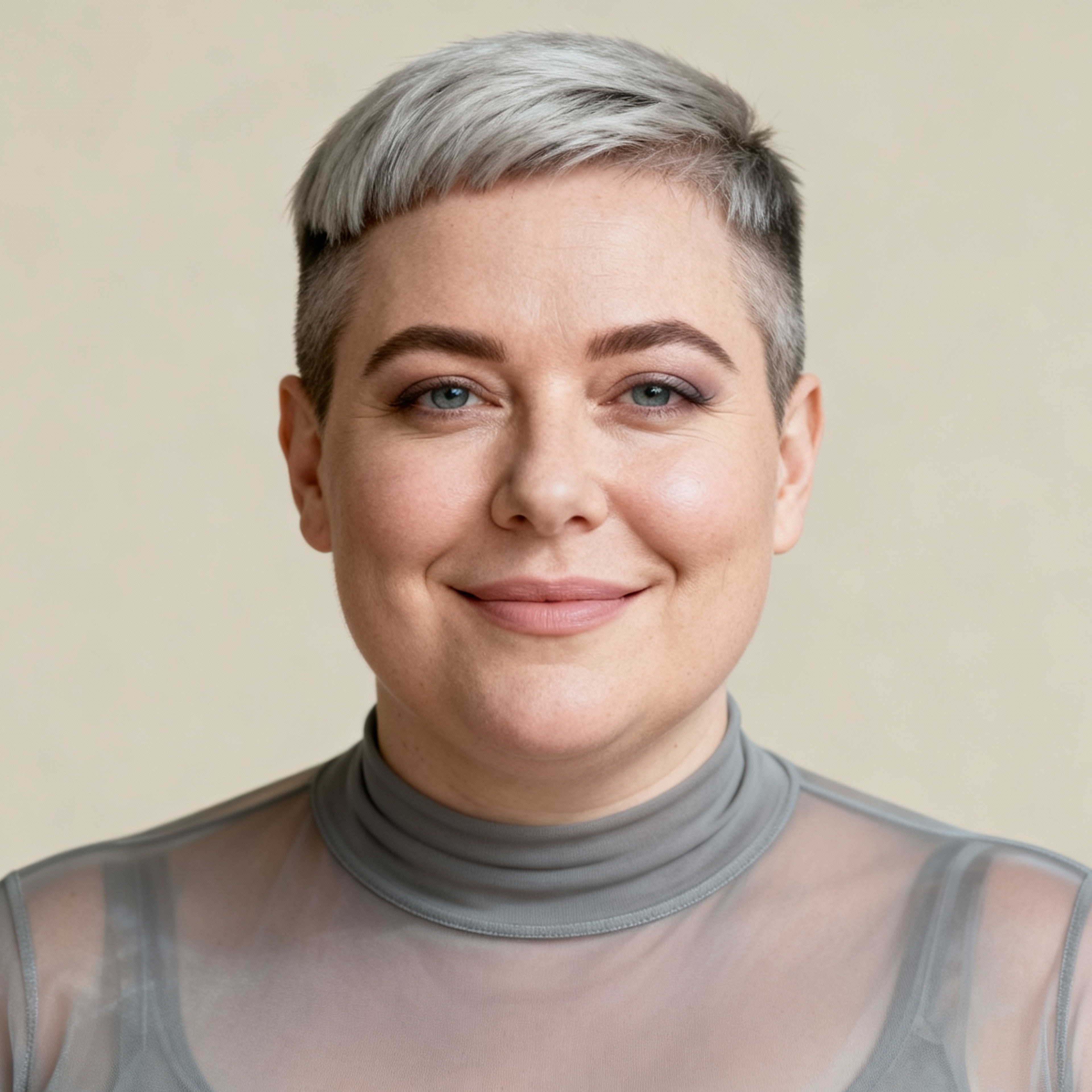 AI-generated portrait of a middle-aged woman with short cropped hair, wearing a sheer high-neck top, posed with a gentle expression against a pale background in diffused light.