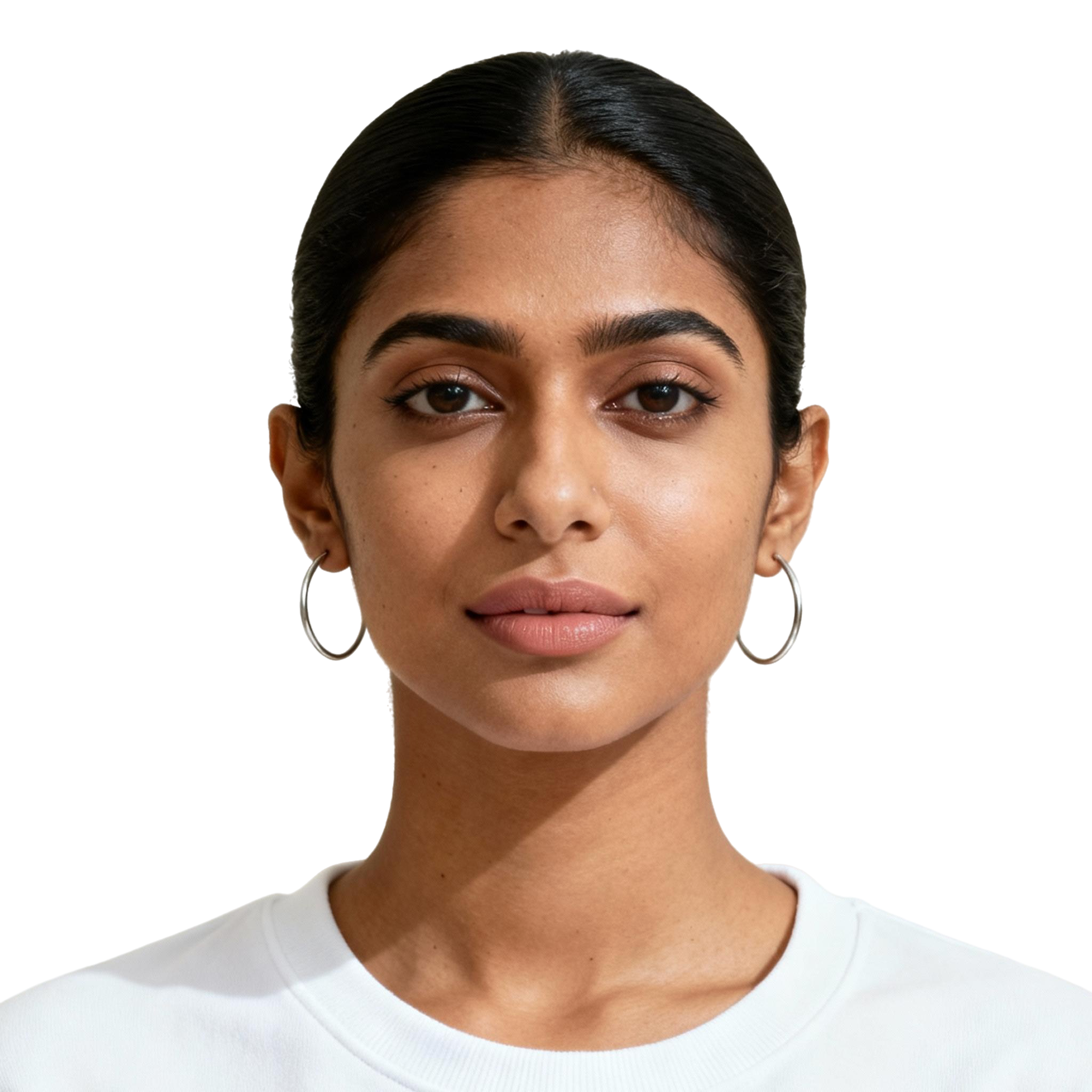 AI-generated portrait of a young woman with pulled-back dark hair and defined brows, wearing a light crewneck top, posed with a neutral expression against a transparent background in clean daylight.