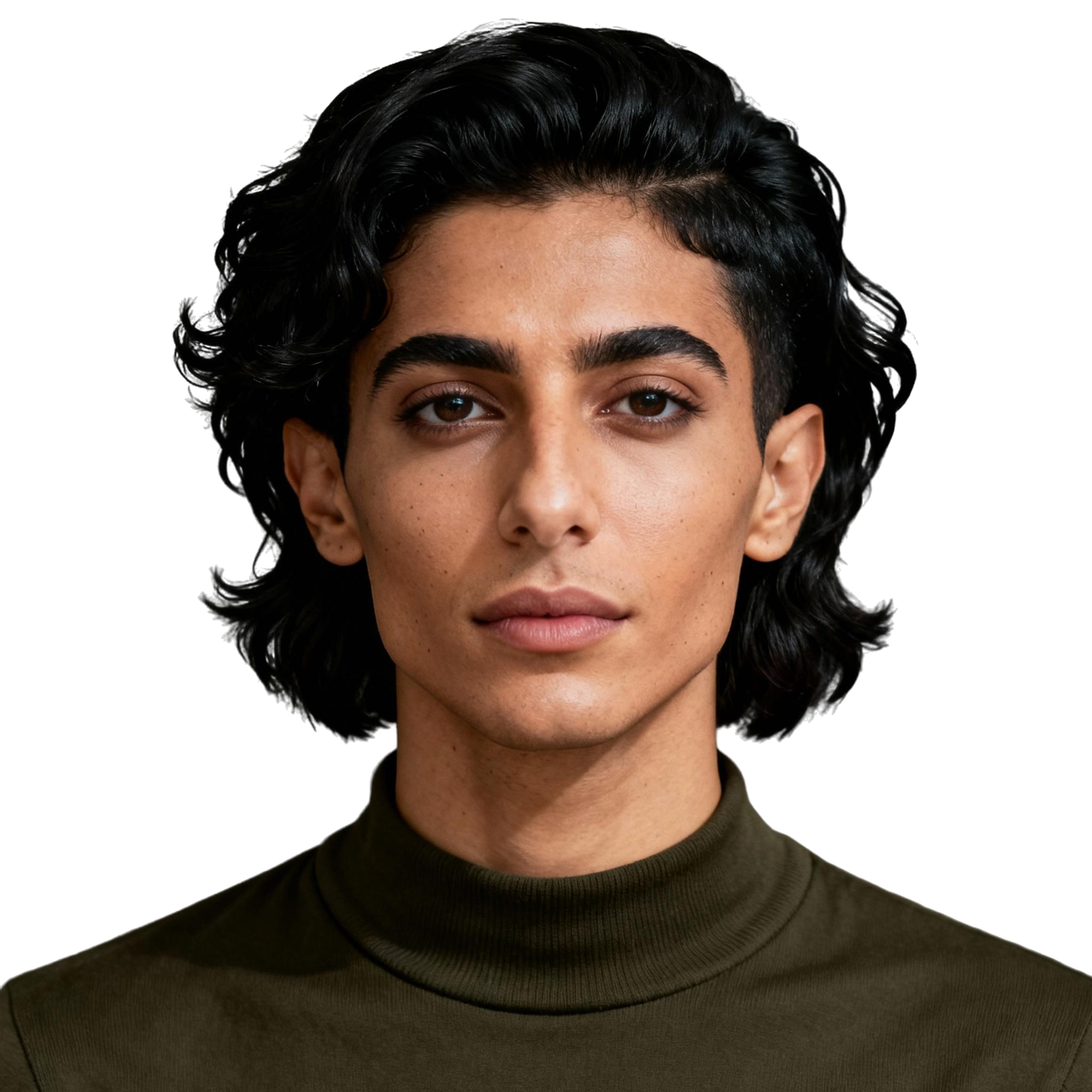 AI-generated portrait of a young person with medium-length wavy dark hair, wearing a dark high-neck top, posed with a neutral expression against a transparent background in studio light.