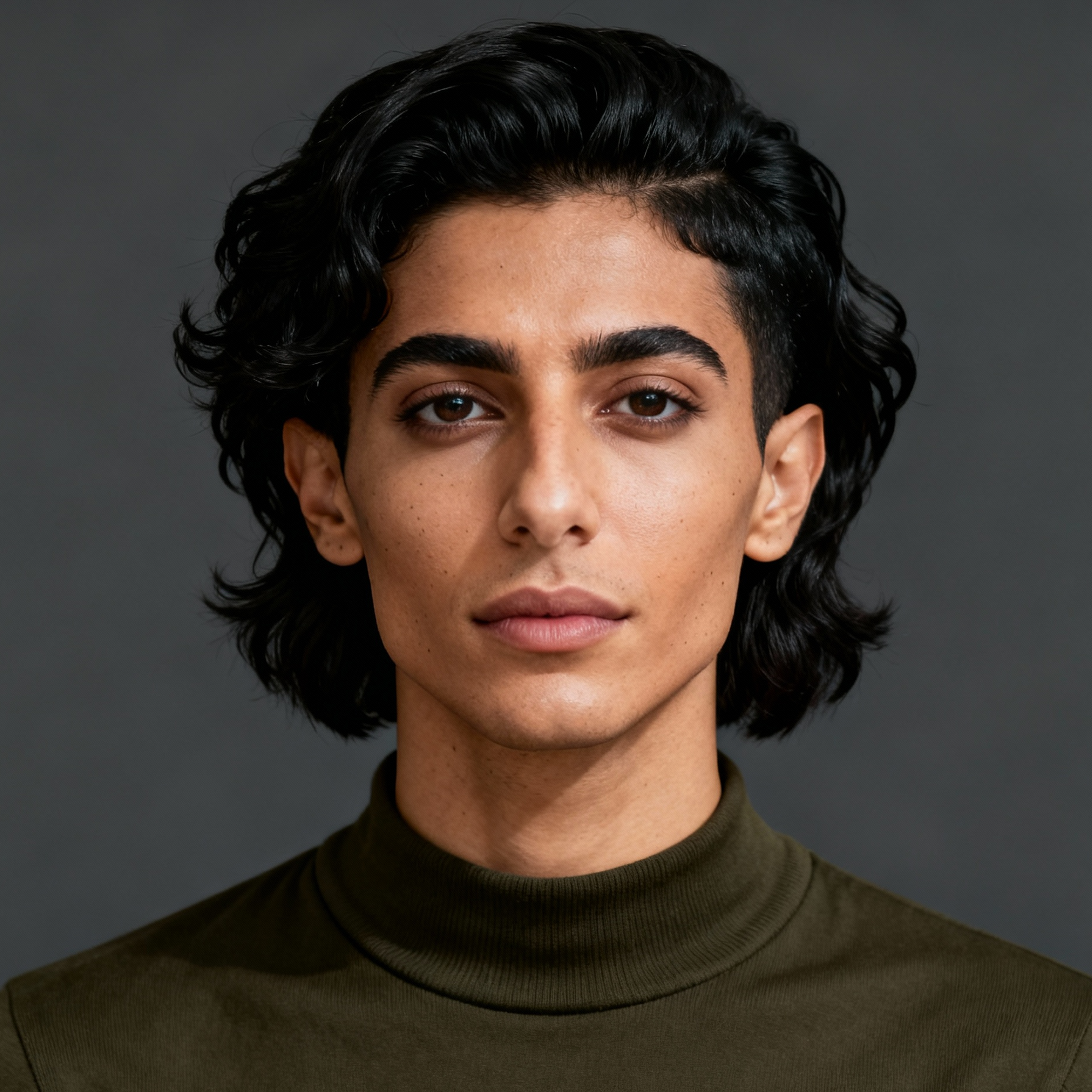AI-generated portrait of a young person with medium-length wavy dark hair, wearing a dark high-neck top, posed with a neutral expression against a dark background in studio light.