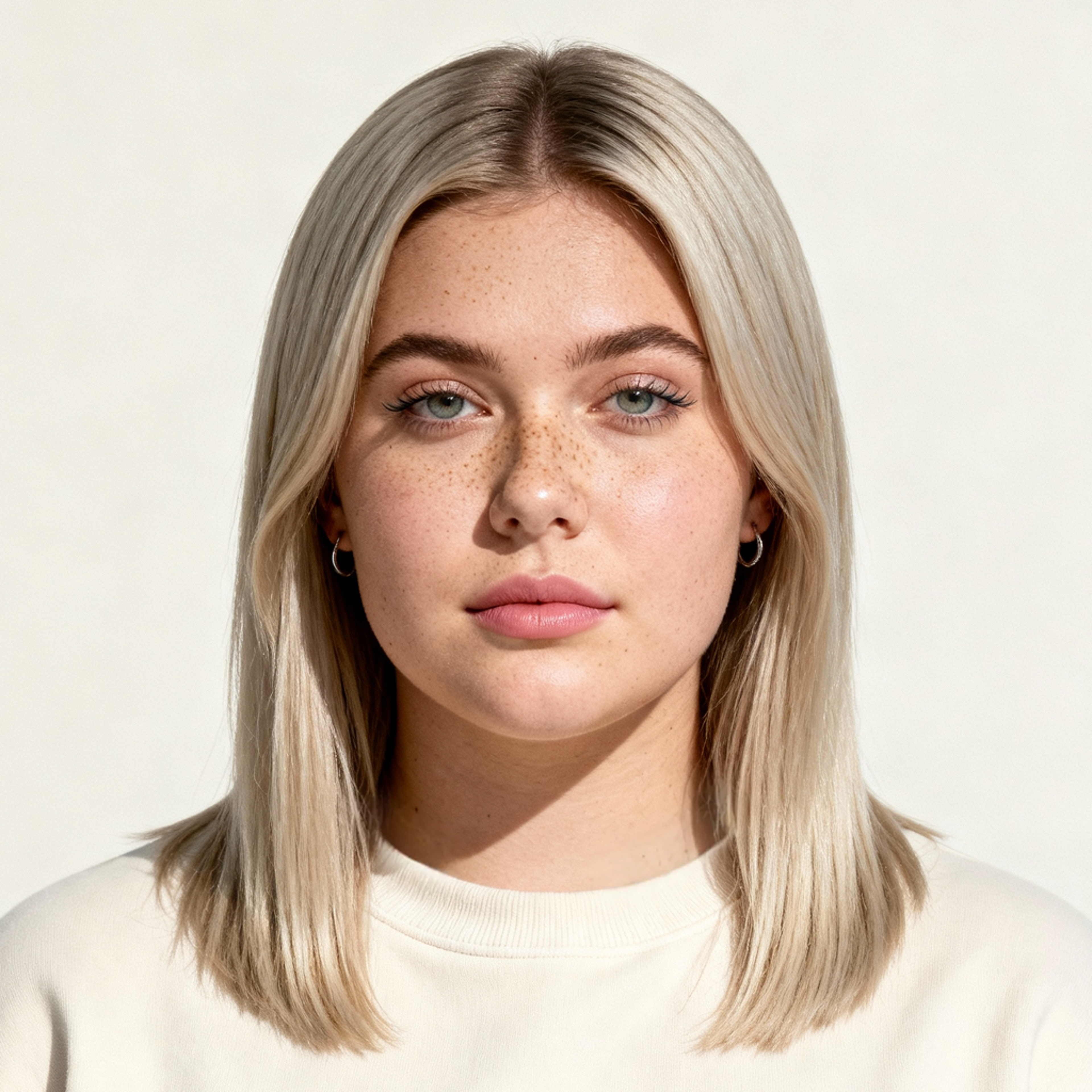 AI-generated portrait of a young woman with straight shoulder-length light hair and freckles, wearing a light crewneck top, posed with a neutral expression against a pale background in clean daylight.