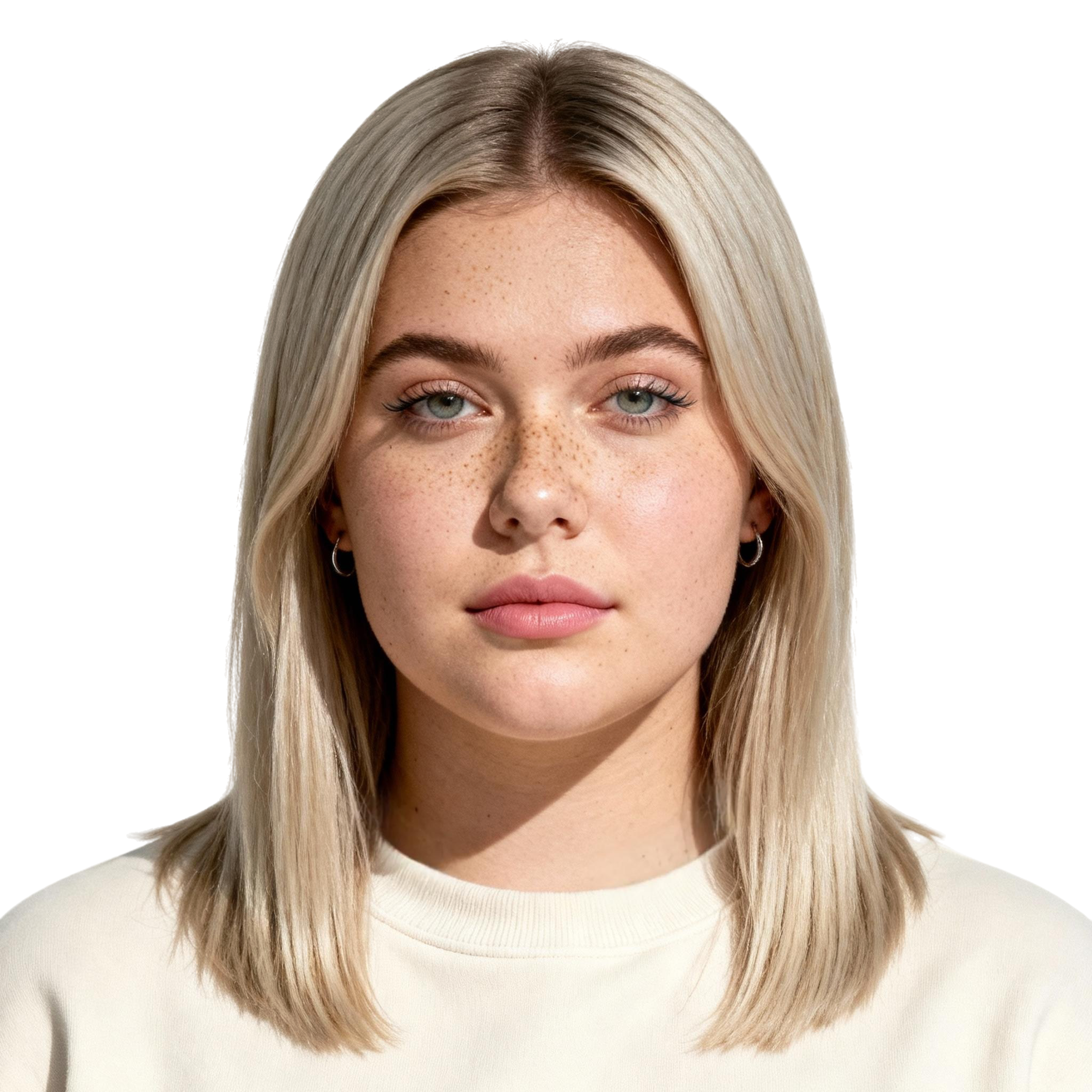 AI-generated portrait of a young woman with straight shoulder-length light hair and freckles, wearing a light crewneck top, posed with a neutral expression against a transparent background in clean daylight.