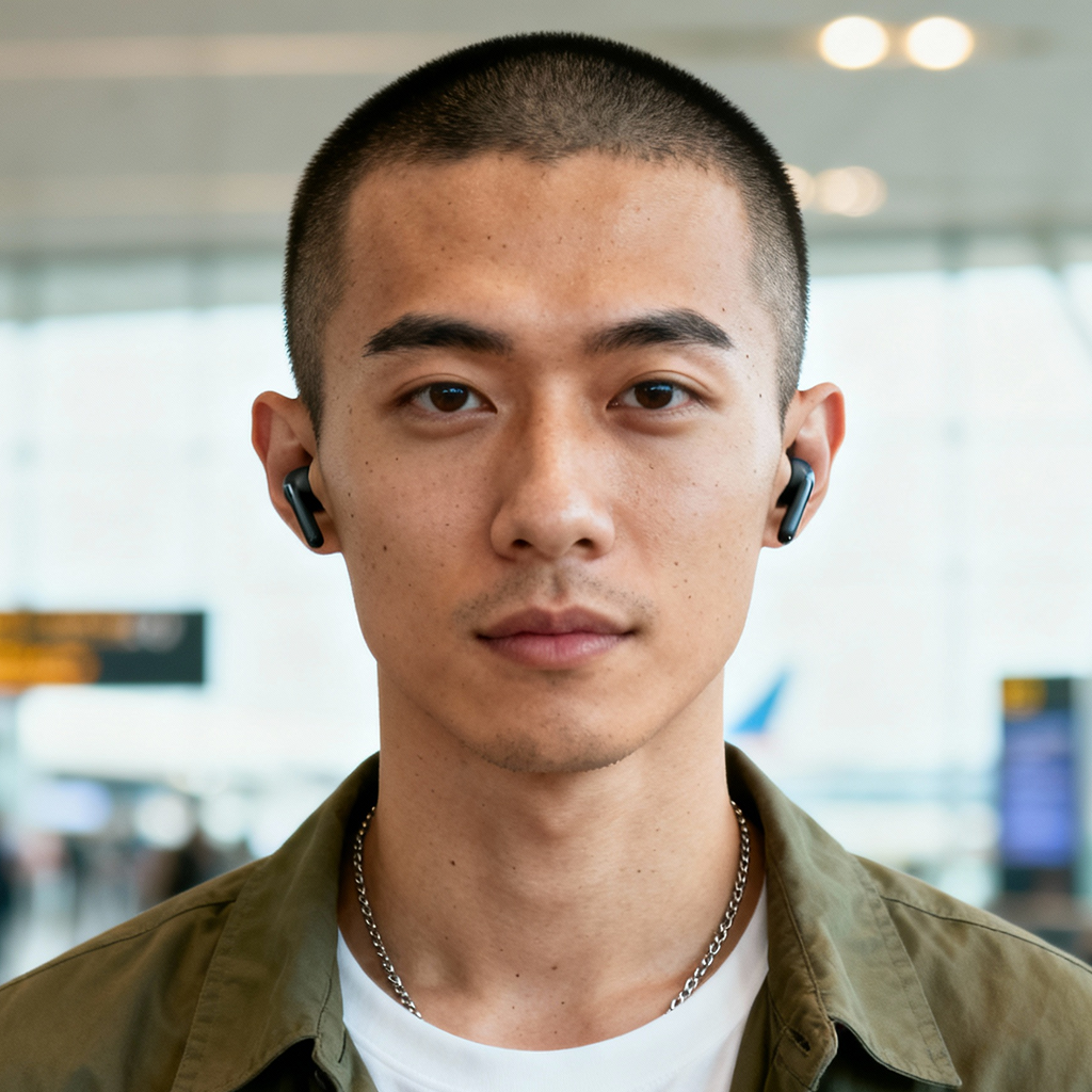 AI-generated portrait of a young man with a shaved head, wearing earbuds and a casual jacket, posed with a neutral expression against a bright indoor background in natural light.