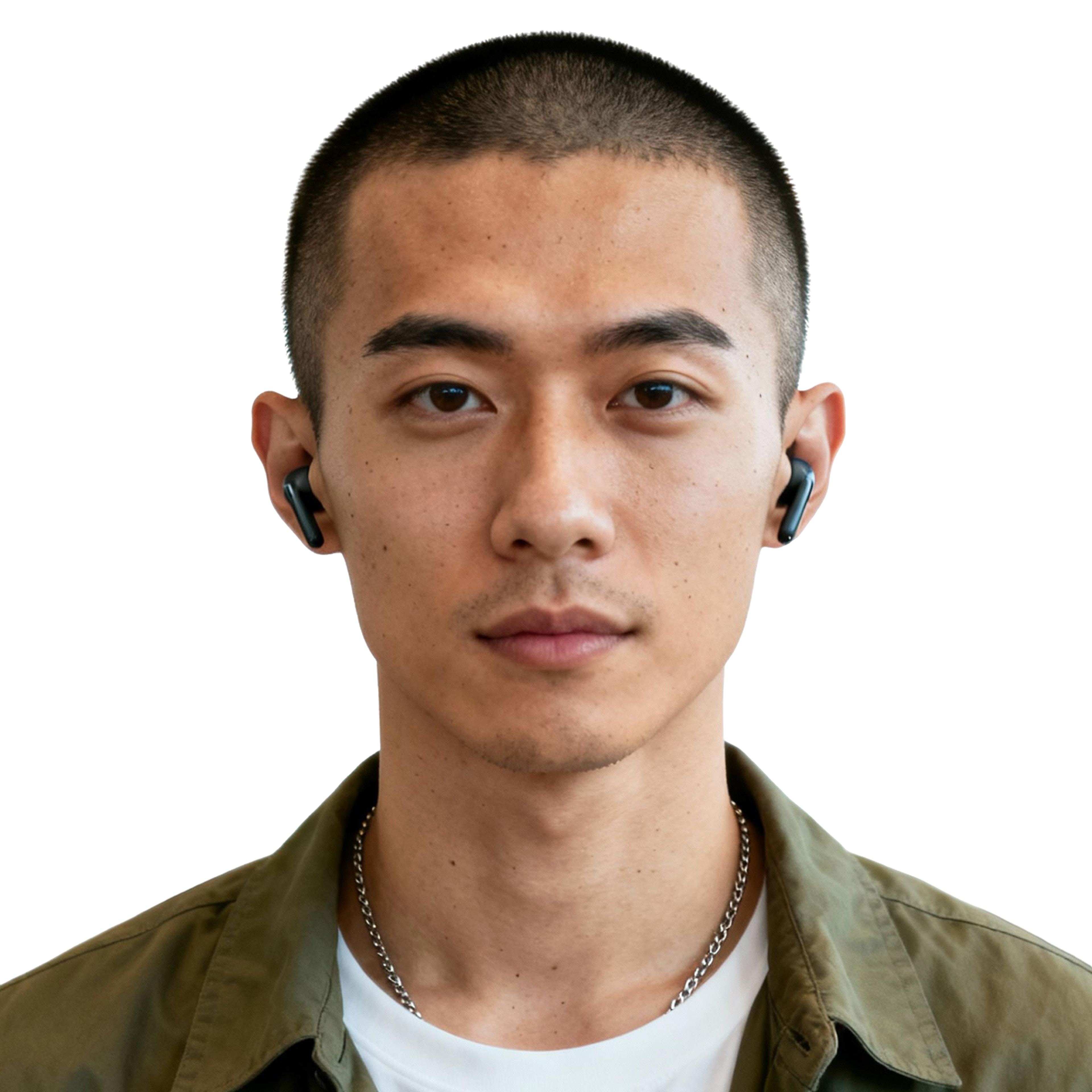 AI-generated portrait of a young man with a shaved head, wearing earbuds and a casual jacket, posed with a neutral expression against a transparent background in natural light.